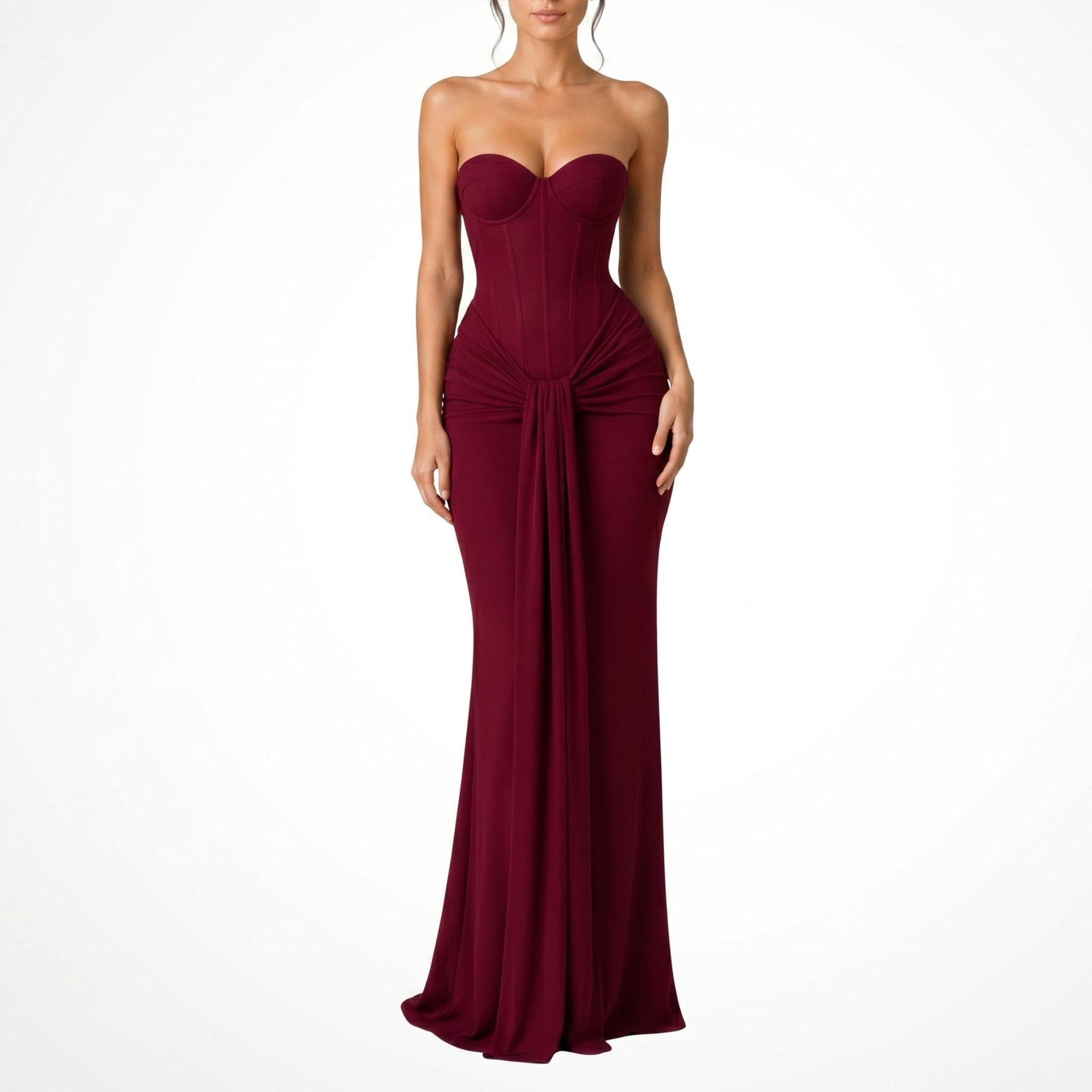 Rosa - Women's Evening Lace Corset Maxi Dress - Maxi Dress - Burgundy - Parker&Brooks