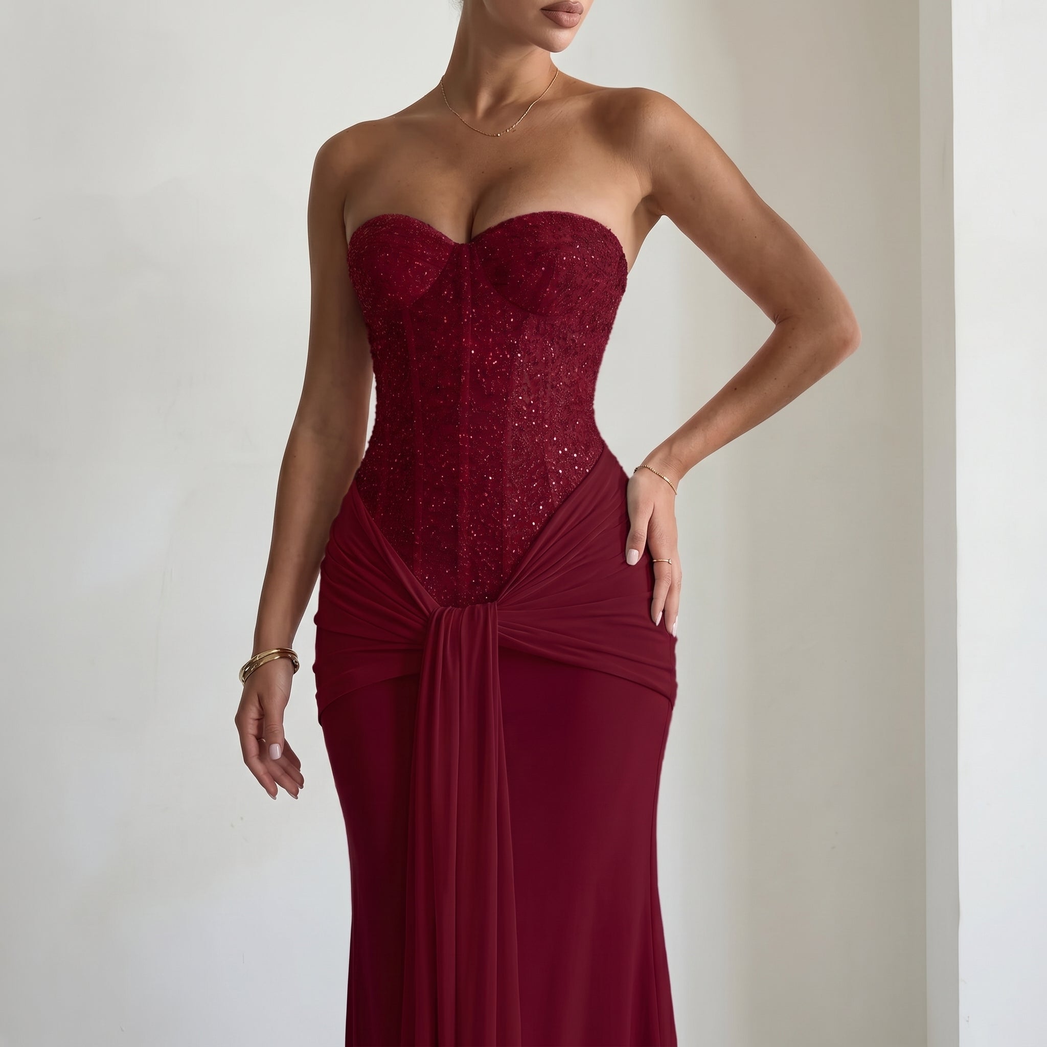 Rosa - Women's Evening Lace Corset Maxi Dress - Maxi Dress - Burgundy - Parker&Brooks
