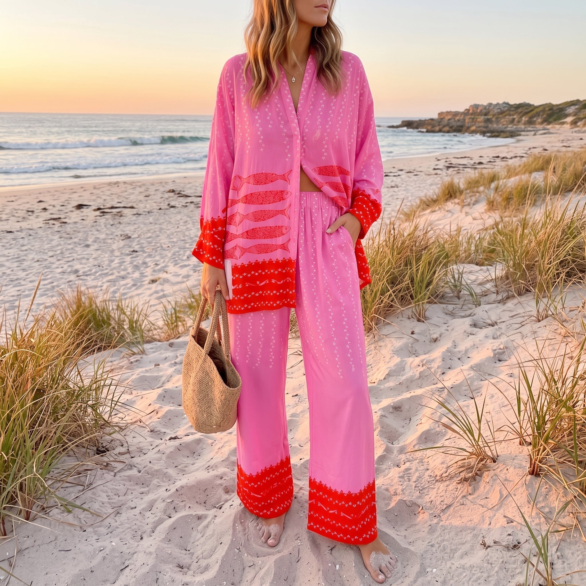 Rosa - Women's Printed Contrast Trim Wide-Leg Summer Co-ord Set - Outfit Sets - Pink - Parker&Brooks
