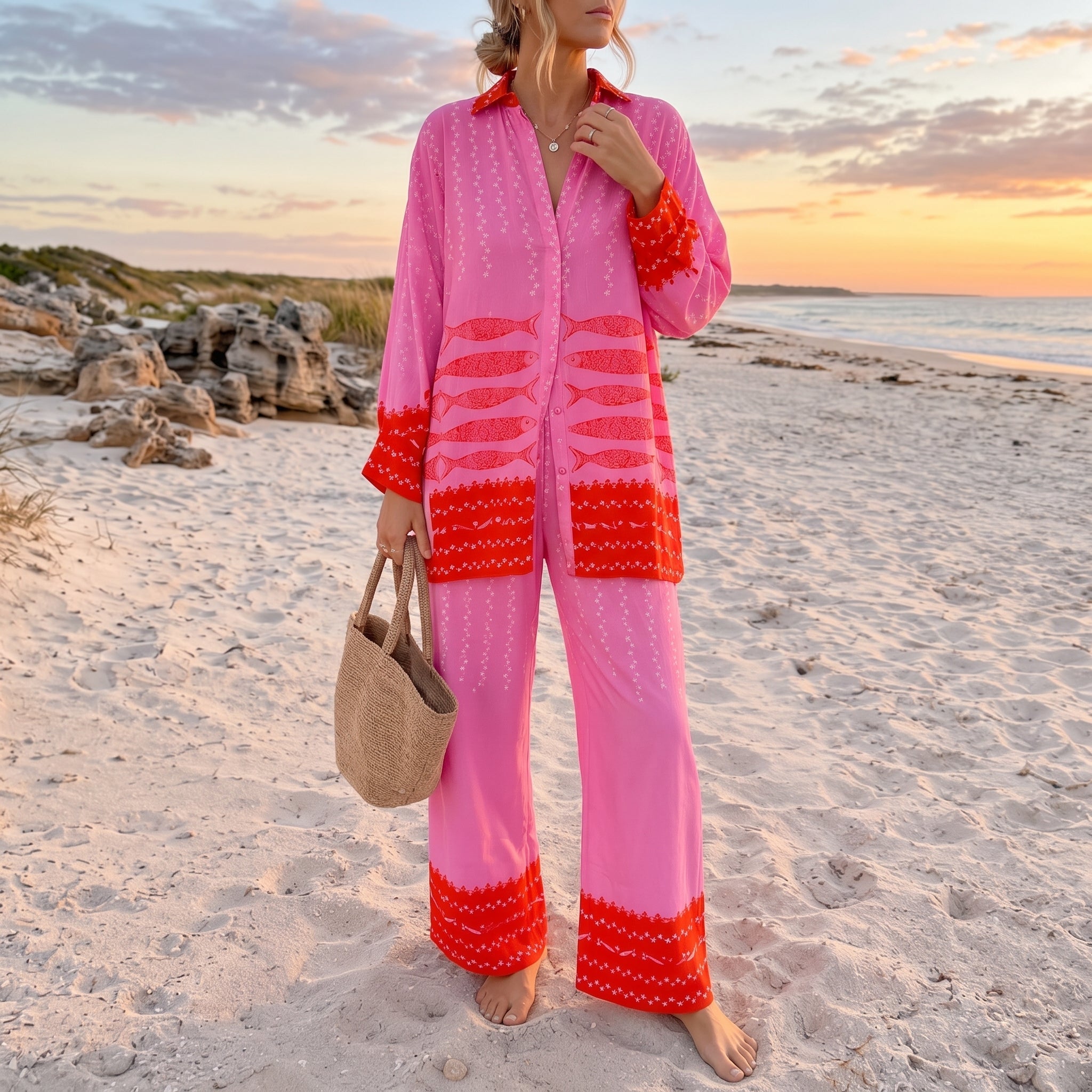 Rosa - Women's Printed Contrast Trim Wide-Leg Summer Co-ord Set - Outfit Sets - Pink - Parker&Brooks