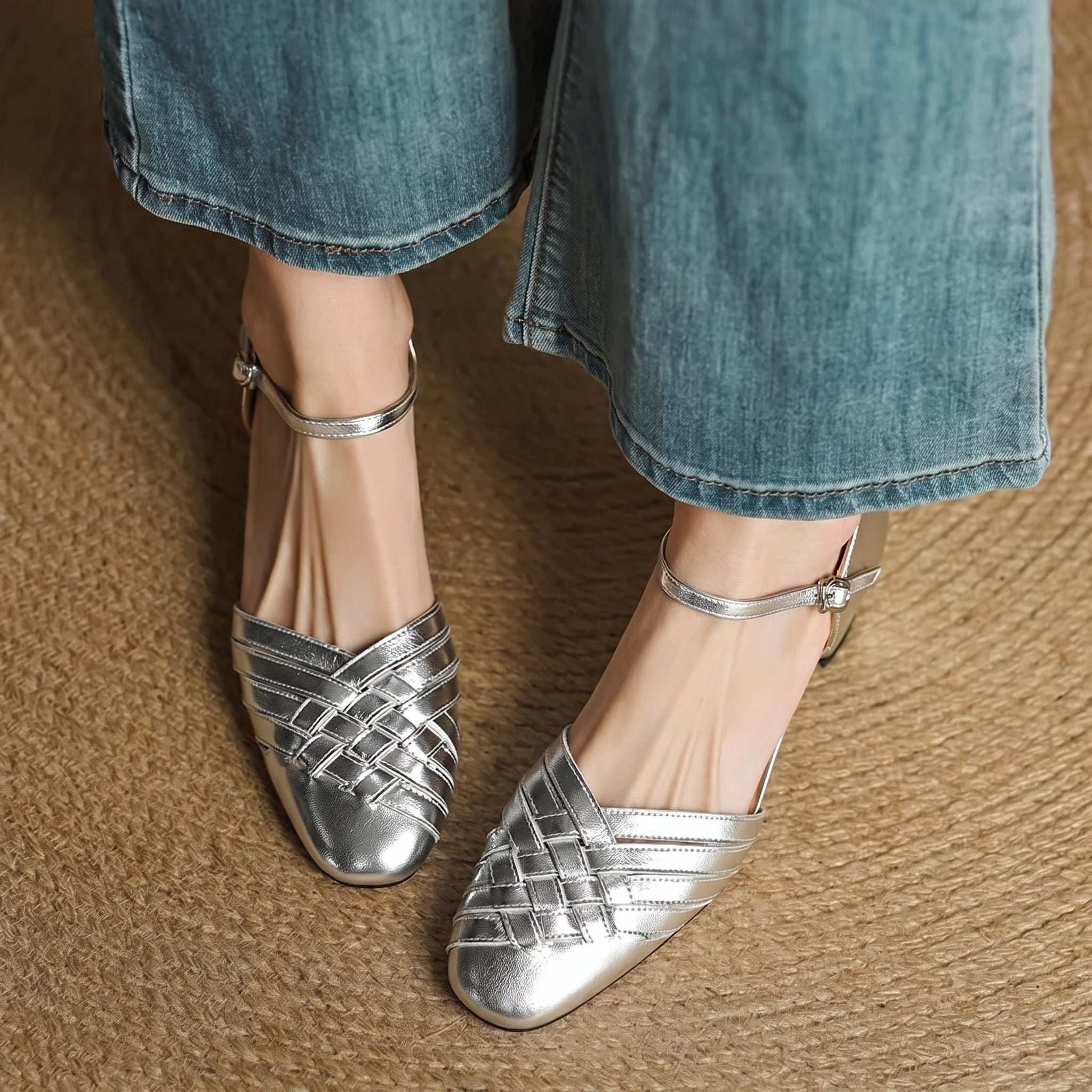 Rosa - Women's Woven Pumps with Buckle Ankle Strap - Heels - Silver - Parker&Brooks