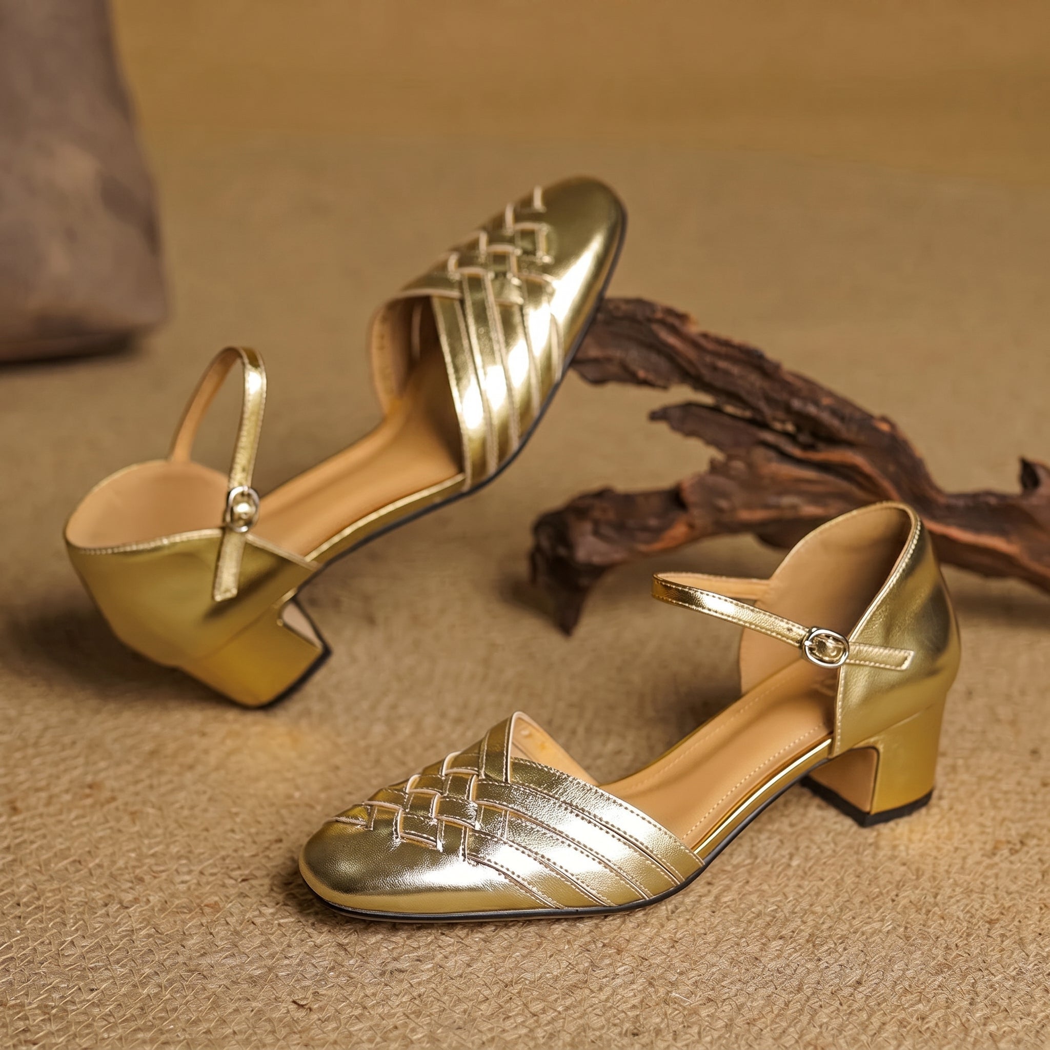 Rosa - Women's Woven Pumps with Buckle Ankle Strap - Heels - Gold - Parker&Brooks
