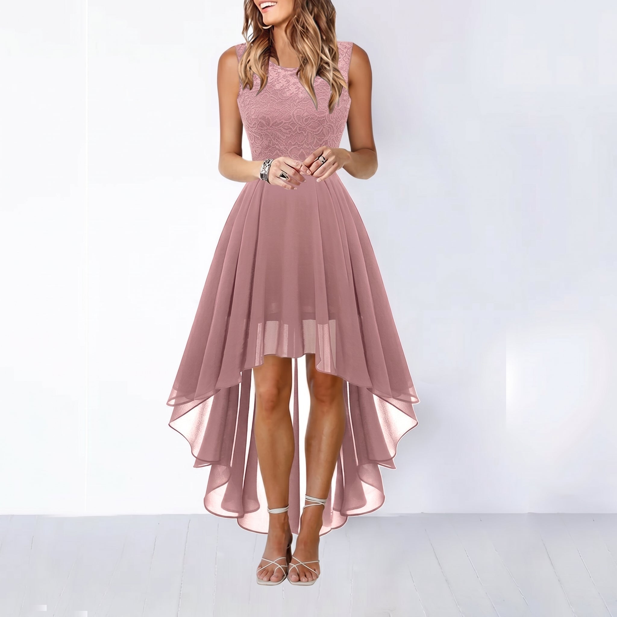 Rosie - Women's Party Lace Bodice Asymmetric Midi Dress - Midi Dress - Pink - Parker&Brooks