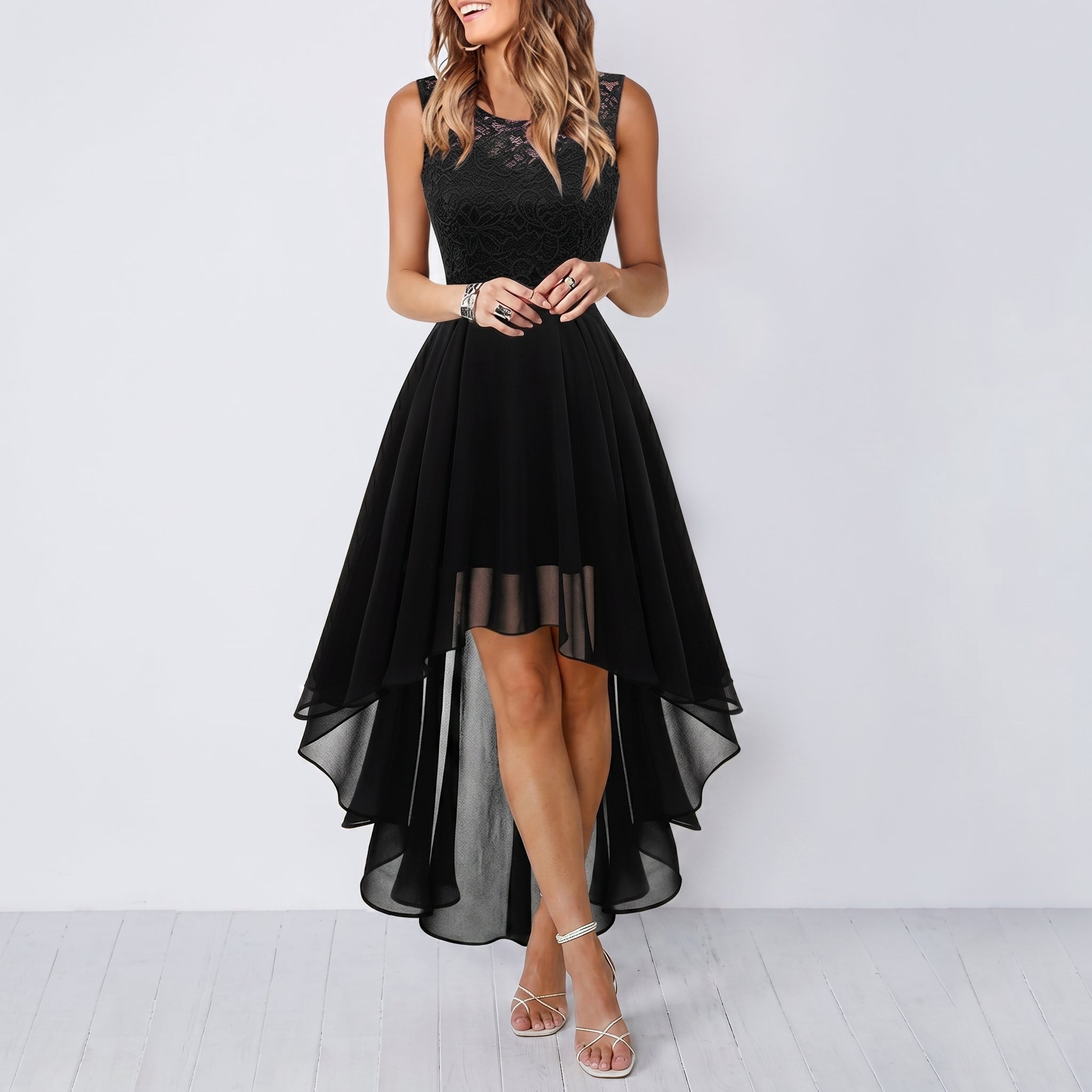Rosie - Women's Party Lace Bodice Asymmetric Midi Dress - Midi Dress - Black - Parker&Brooks