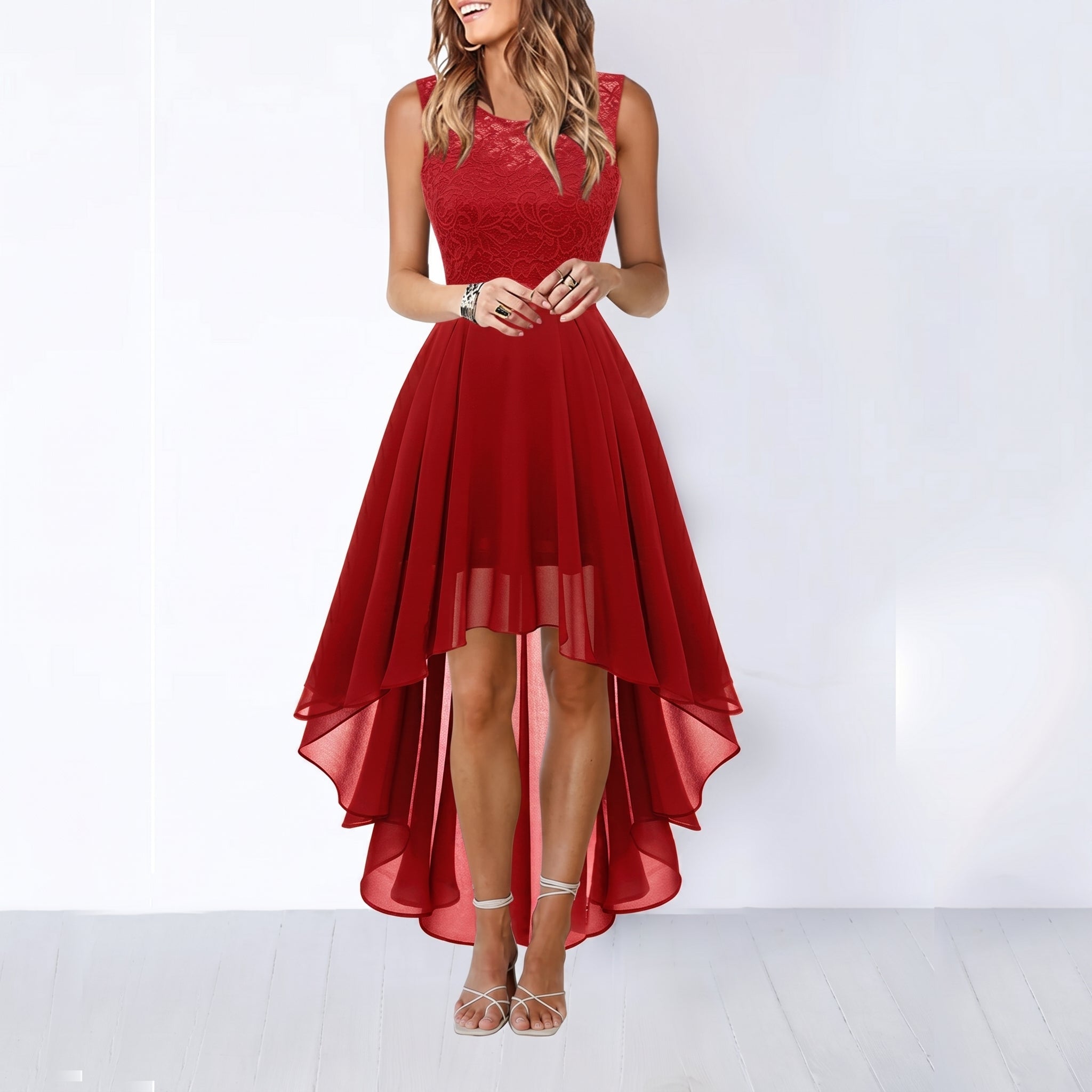 Rosie - Women's Party Lace Bodice Asymmetric Midi Dress - Midi Dress - Red - Parker&Brooks