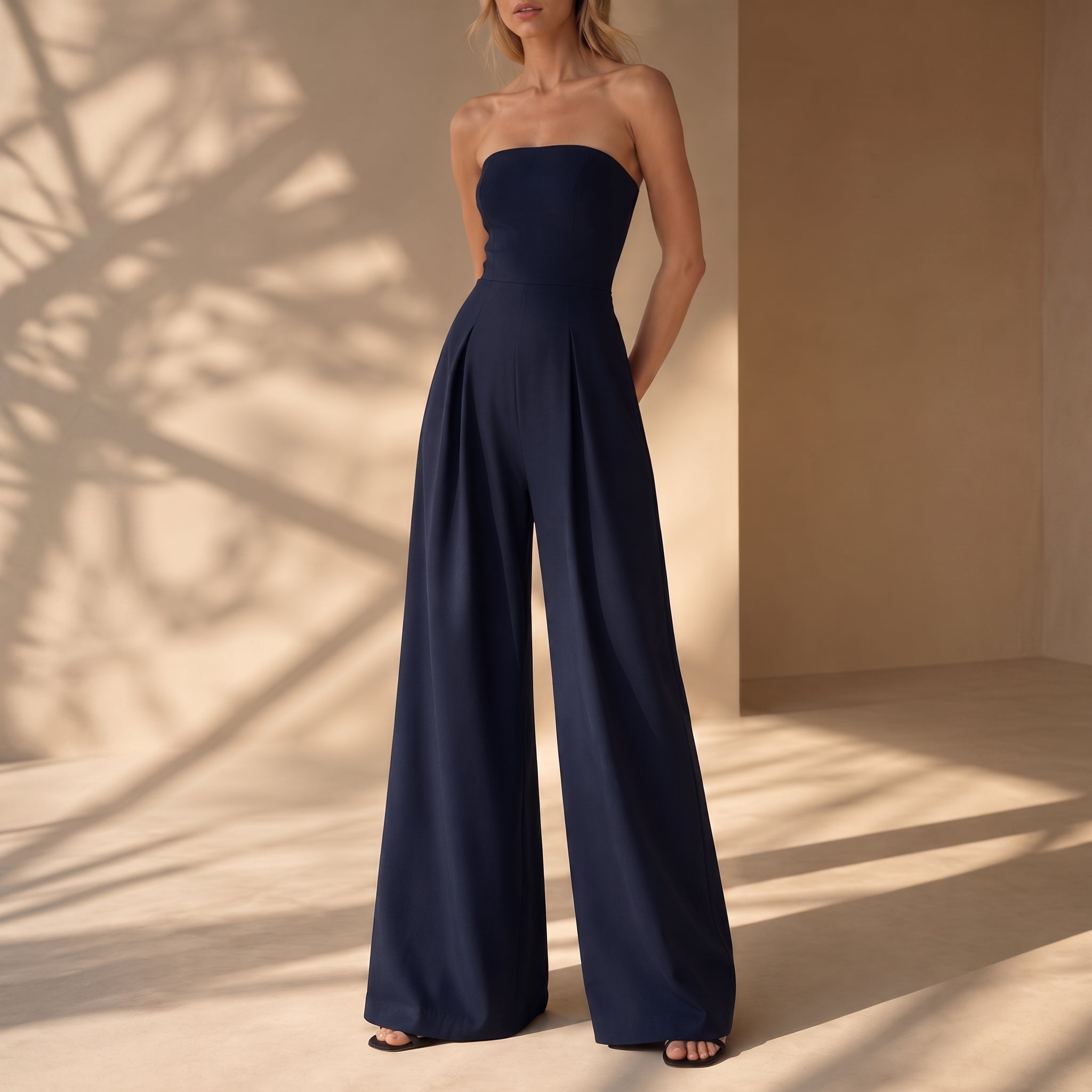 Rosie – Women's Strapless Bandeau Wide-Leg Jumpsuit - One-Pieces - Navy Blue - Parker&Brooks