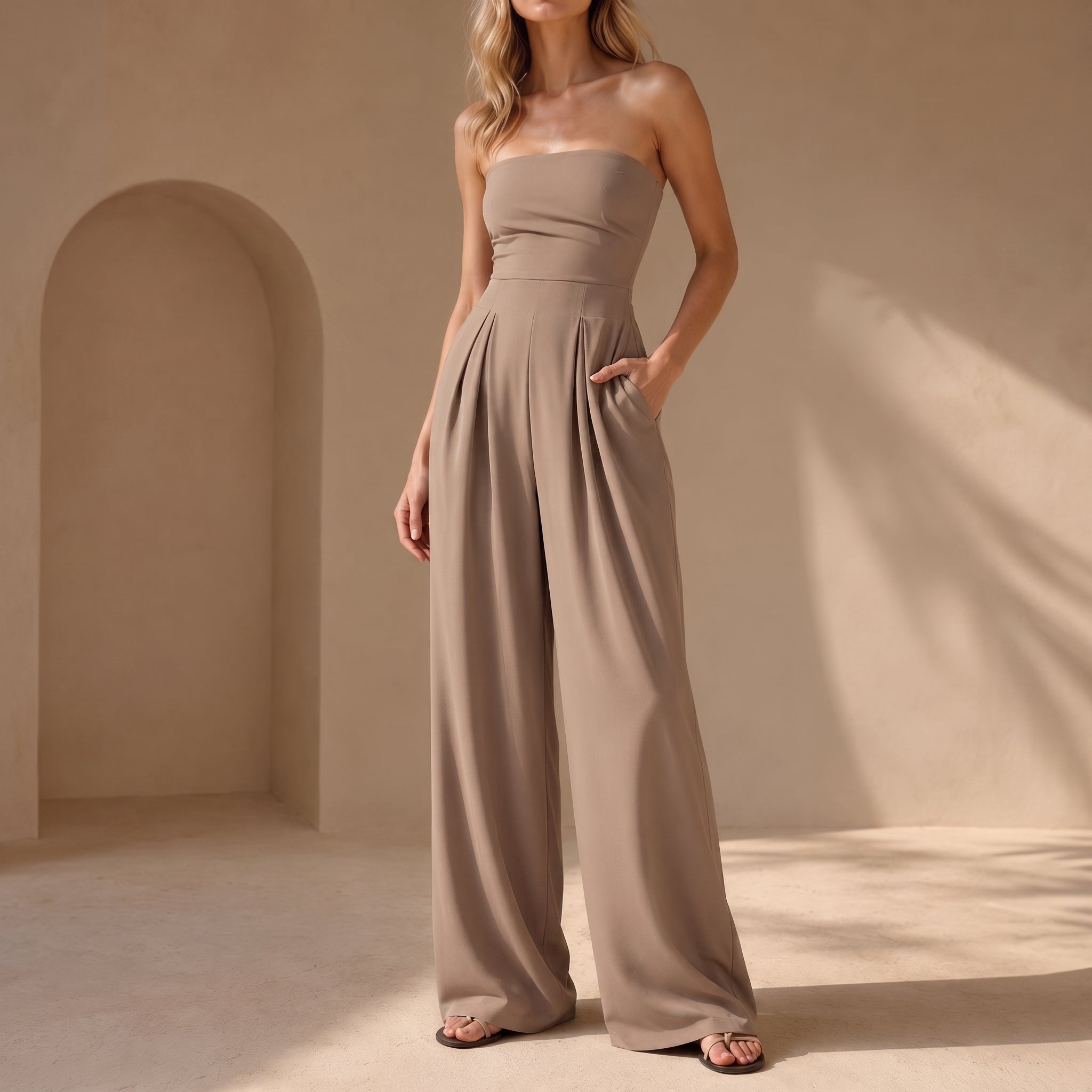 Rosie – Women's Strapless Bandeau Wide-Leg Jumpsuit - One-Pieces - Beige - Parker&Brooks