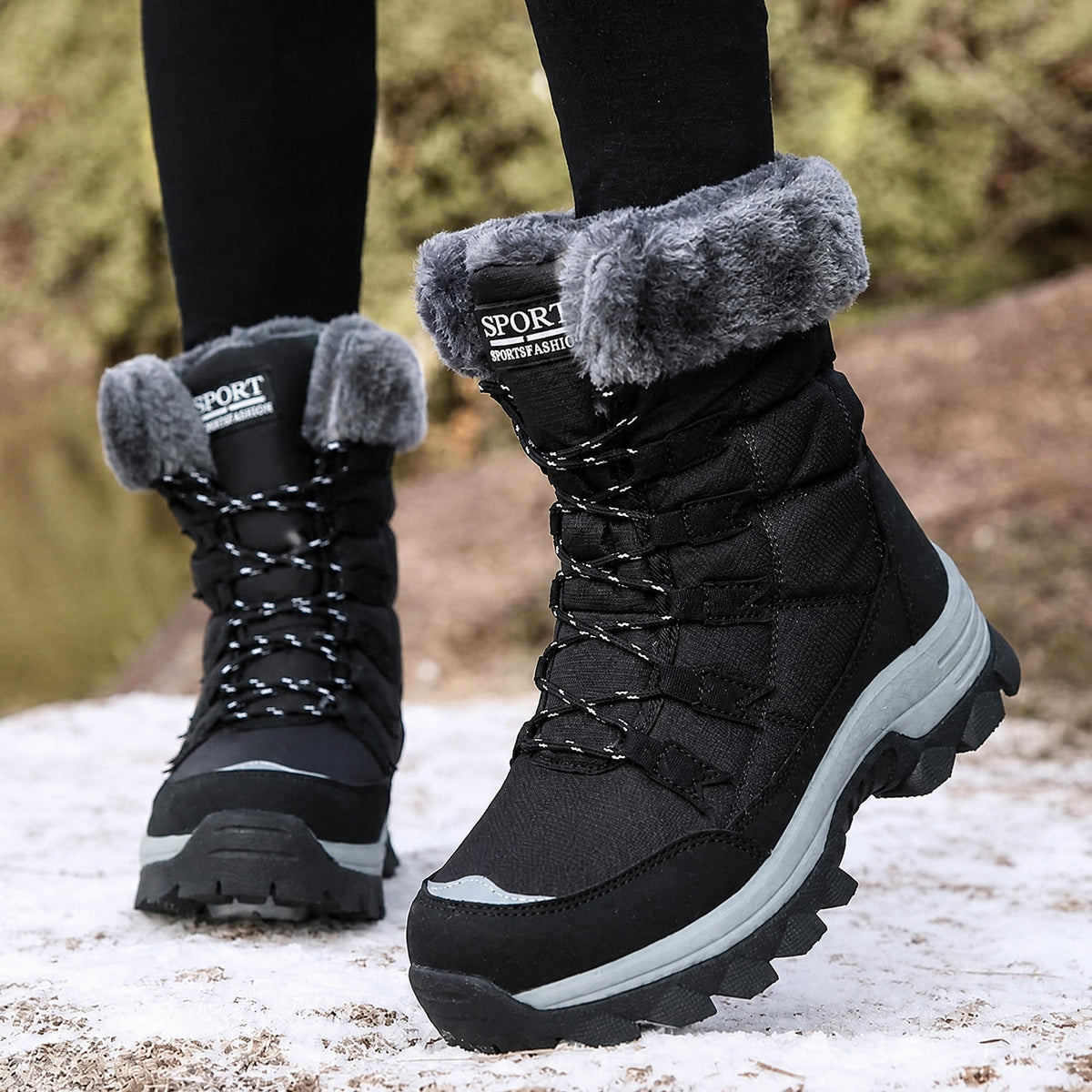 Rowan - Women's Orthopaedic Lace-Up Snow Boots with Faux Fur Trim - Boots - Black - Parker&Brooks