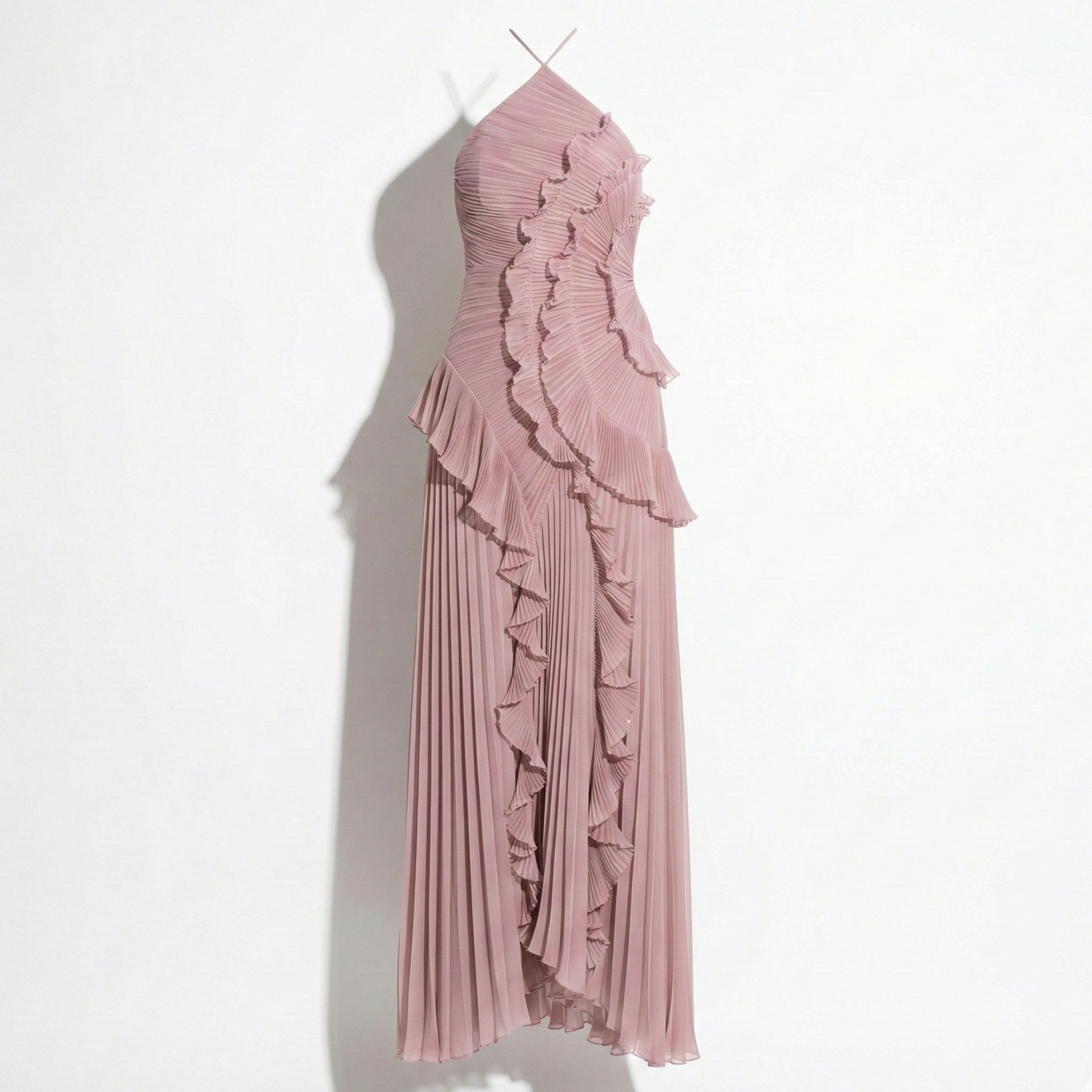 Ruby - Women's Halter Neck Ruffle Pleated Maxi Dress - Dresses - Pink - Parker&Brooks