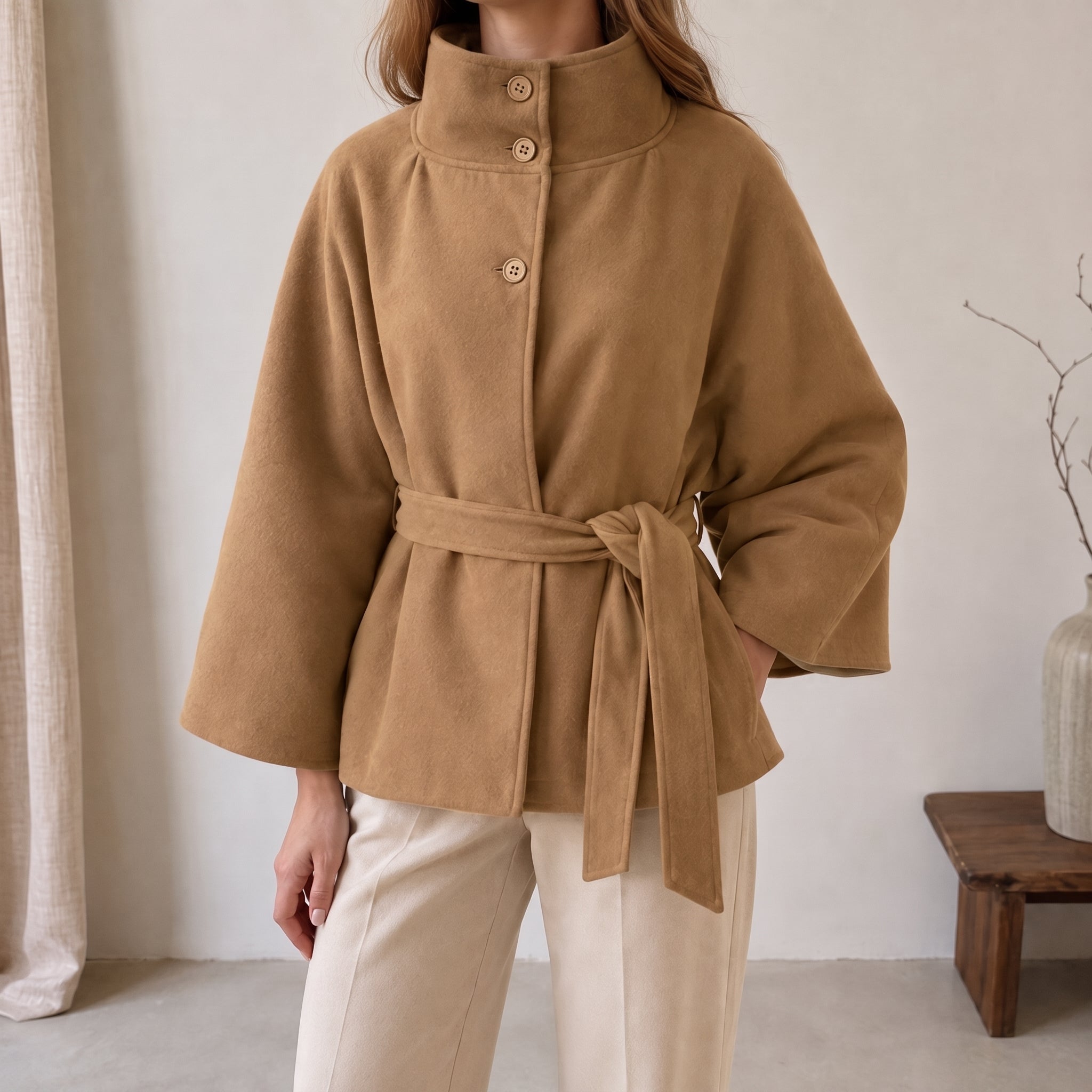 Sarah - Women's Cape Stand Collar Self-Tie Belted Jacket - Capes - Khaki - Parker&Brooks