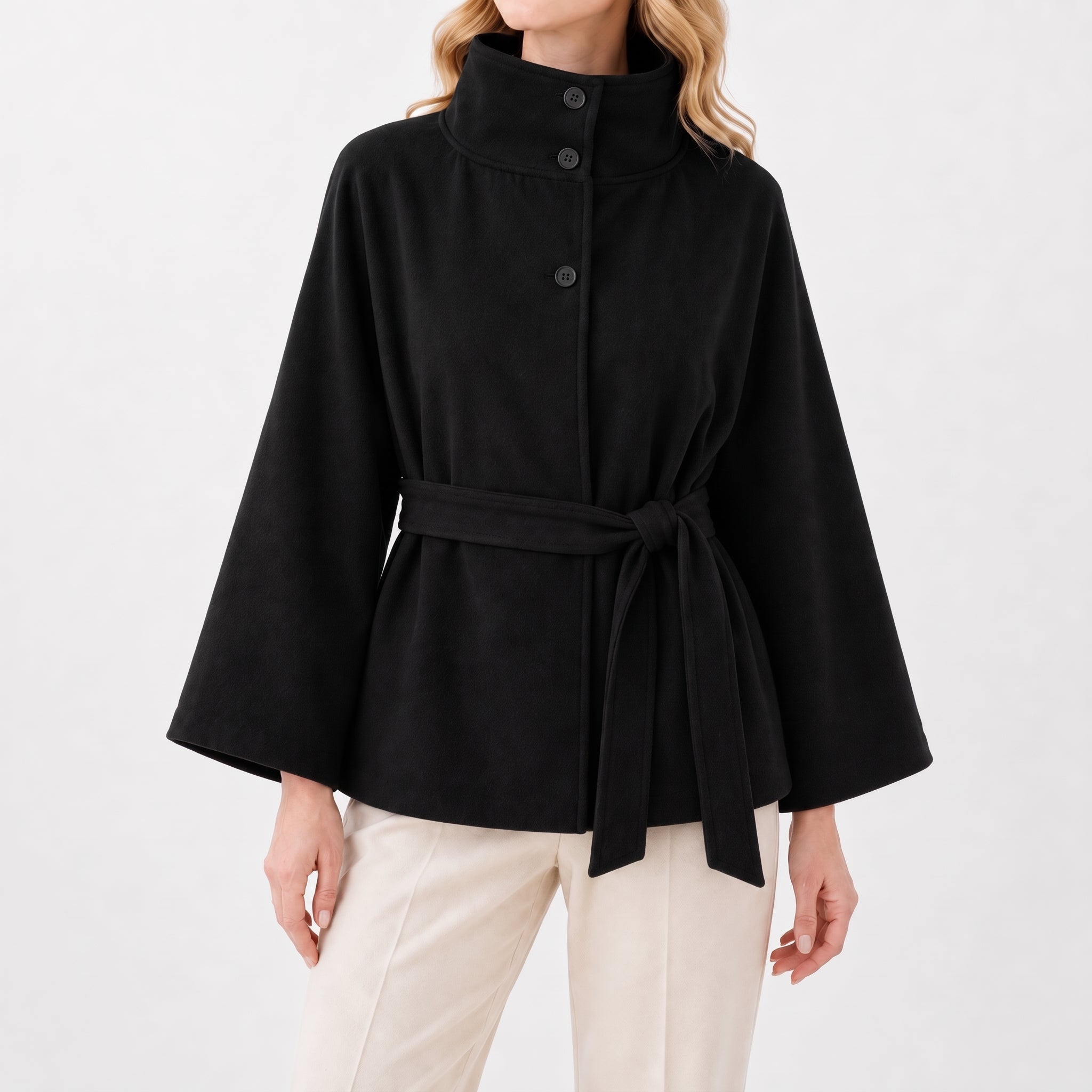 Sarah - Women's Cape Stand Collar Self-Tie Belted Jacket - Capes - Black - Parker&Brooks