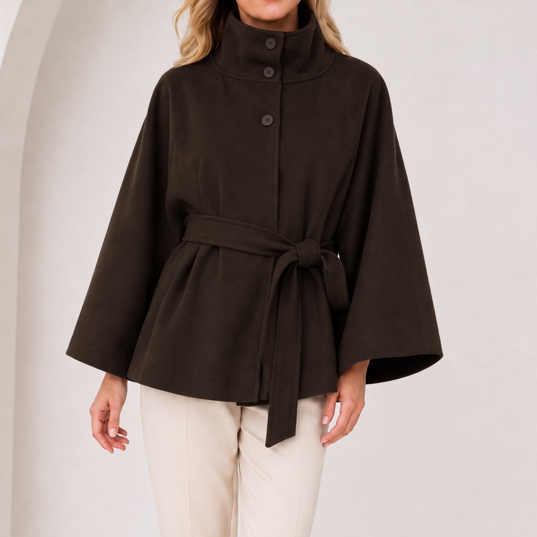 Sarah - Women's Cape Stand Collar Self-Tie Belted Jacket - Capes - Coffee - Parker&Brooks