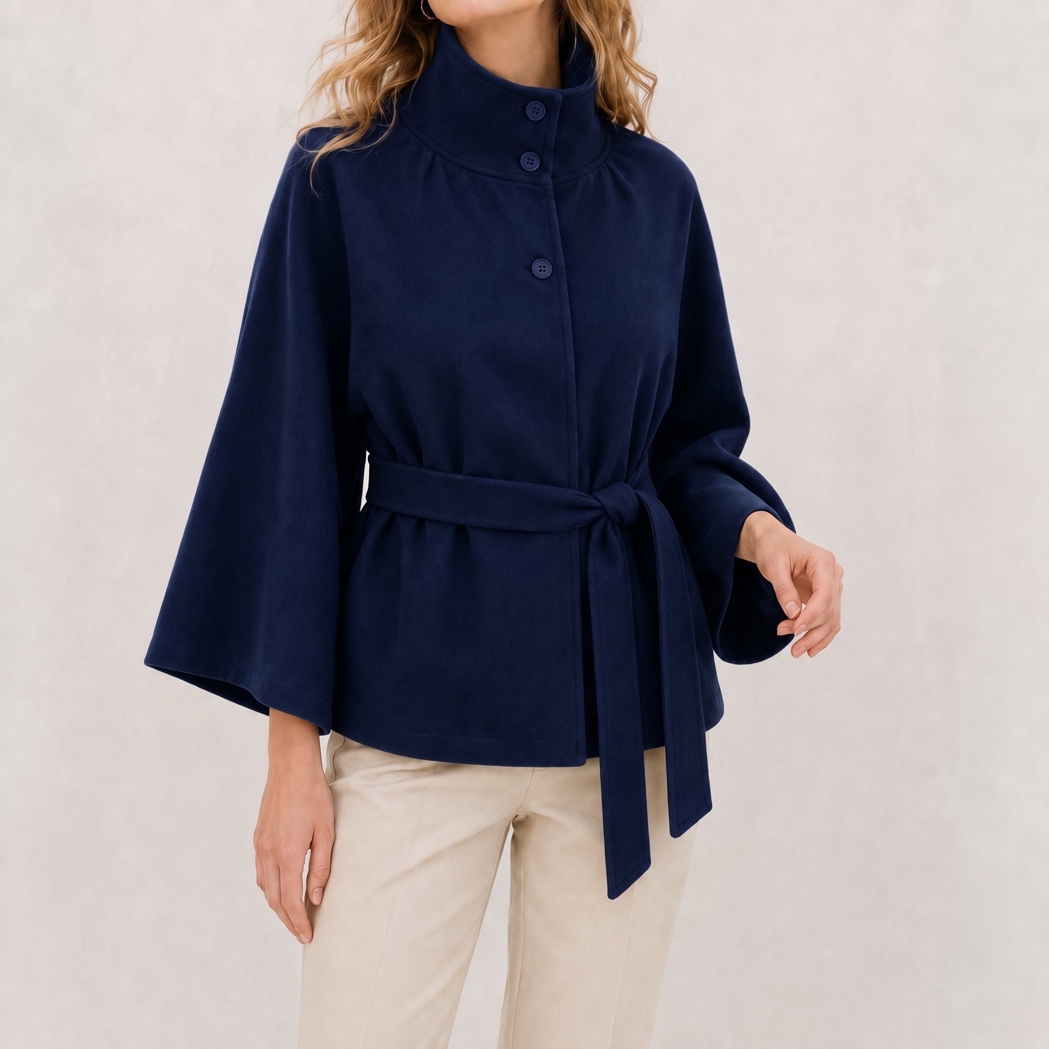 Sarah - Women's Cape Stand Collar Self-Tie Belted Jacket - Capes - Navy - Parker&Brooks