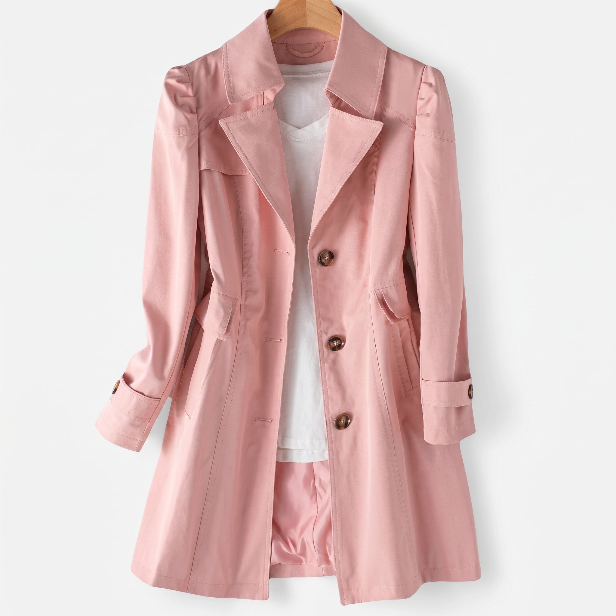Sarah - Women's Single-Breasted Longline Trench Coat with Notch Lapel - Trench Coats - Pink - Parker&Brooks