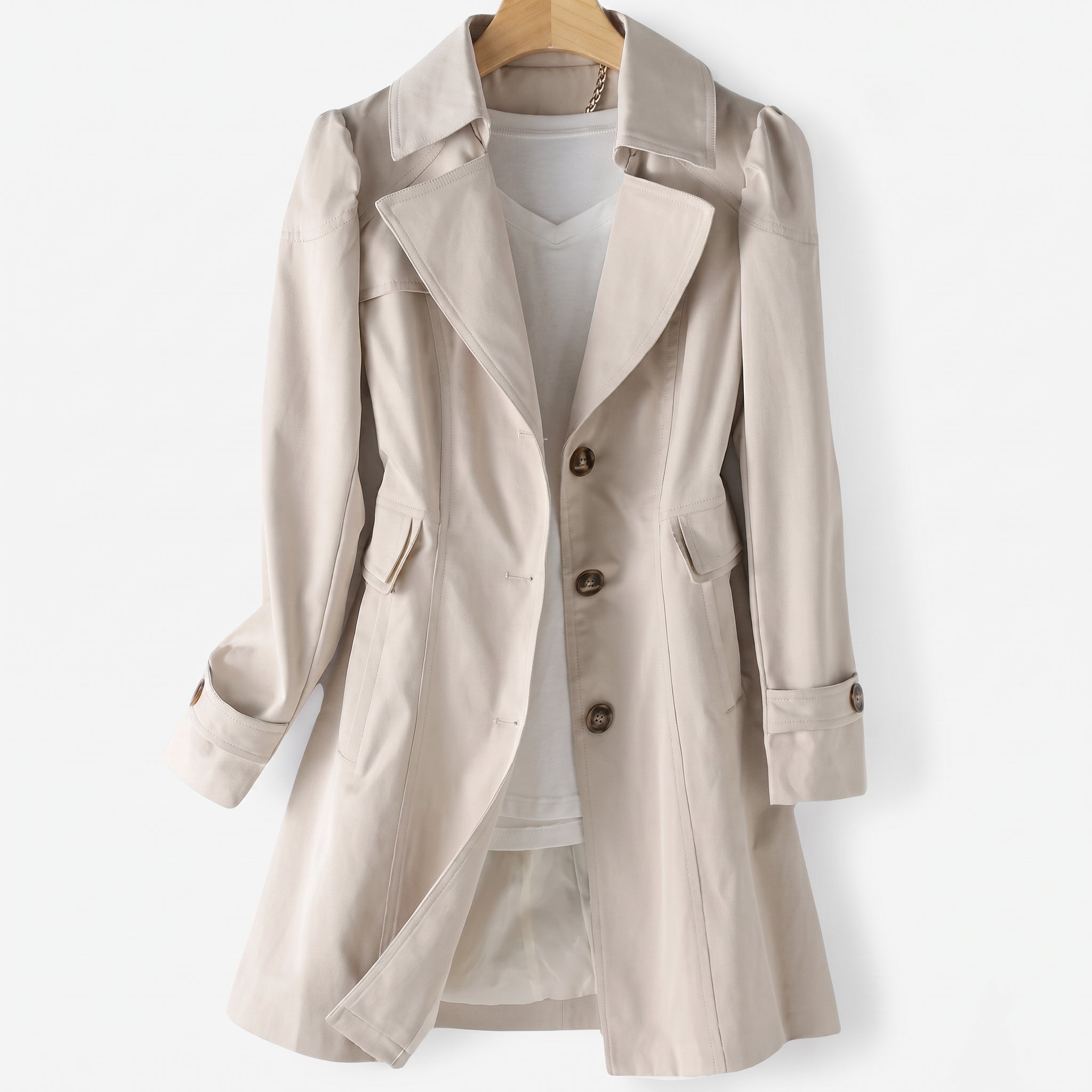 Sarah - Women's Single-Breasted Longline Trench Coat with Notch Lapel - Trench Coats - Beige - Parker&Brooks