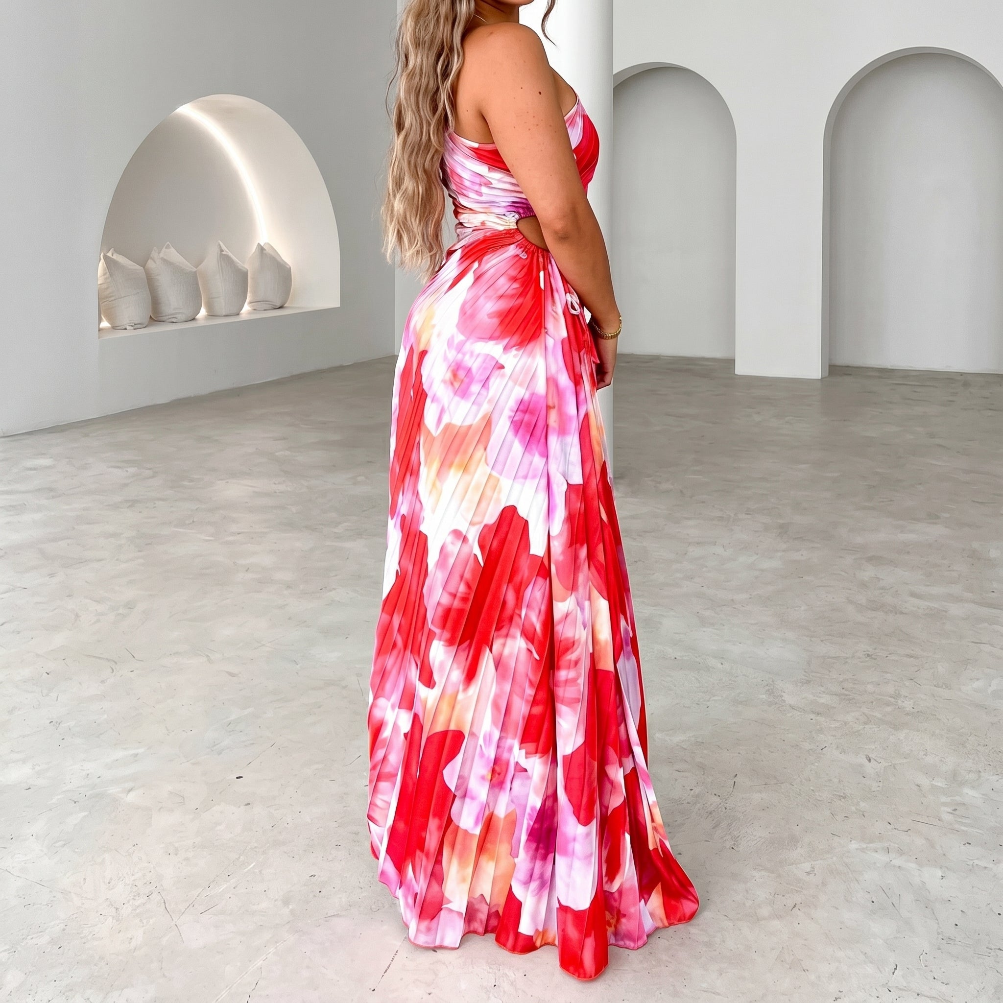 Serena - Women's Summer Floral One-Shoulder Maxi Dress - Maxi Dress - Red - Parker&Brooks