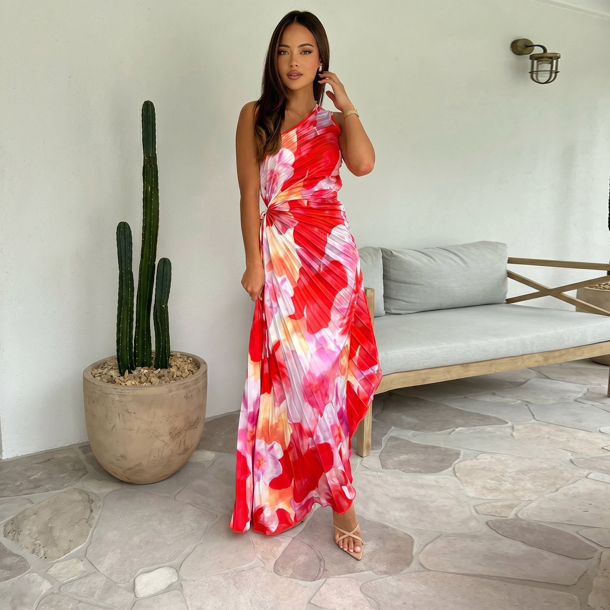 Serena - Women's Summer Floral One-Shoulder Maxi Dress - Maxi Dress - Red - Parker&Brooks