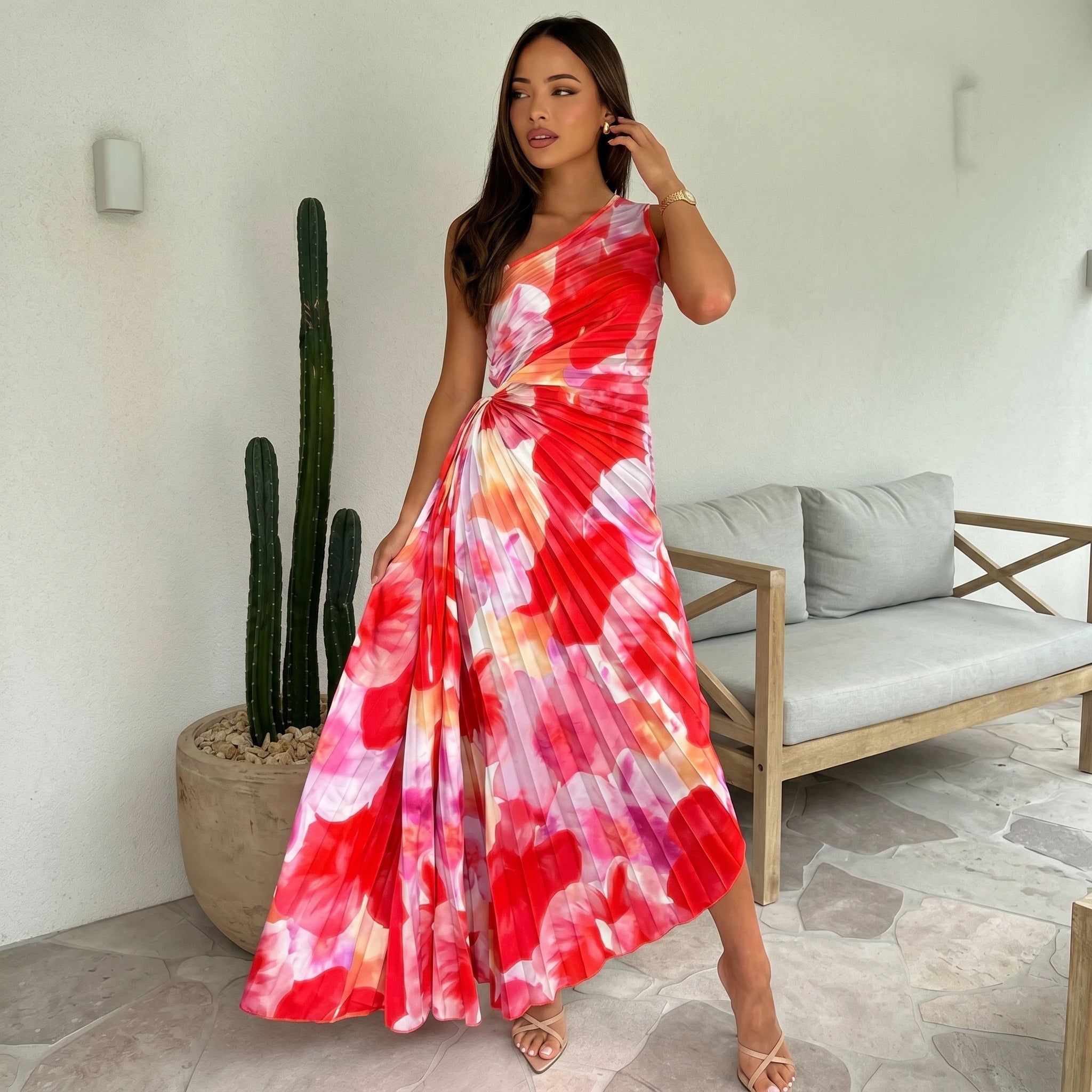 Serena - Women's Summer Floral One-Shoulder Maxi Dress - Maxi Dress - Red - Parker&Brooks