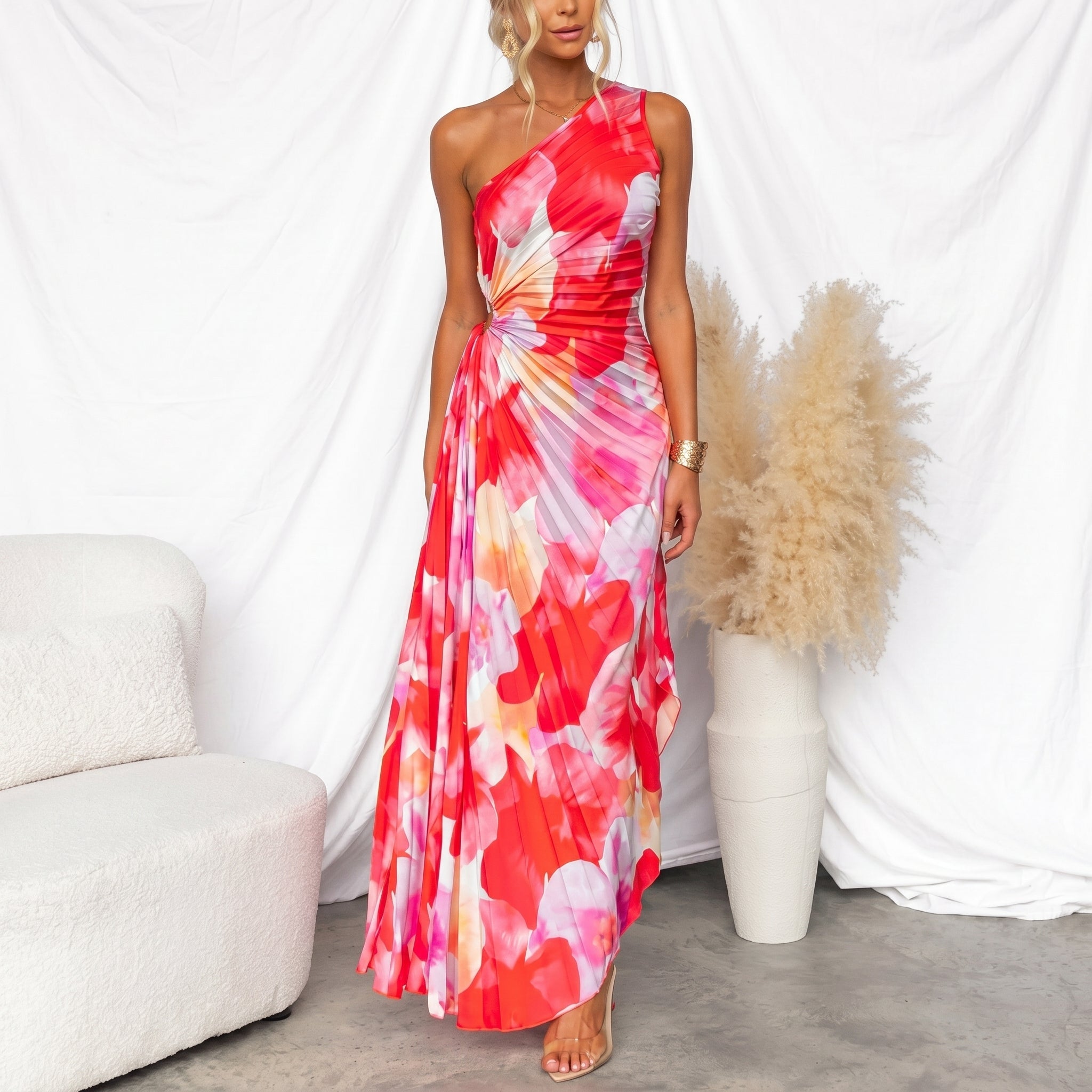 Serena - Women's Summer Floral One-Shoulder Maxi Dress - Maxi Dress - Red - Parker&Brooks