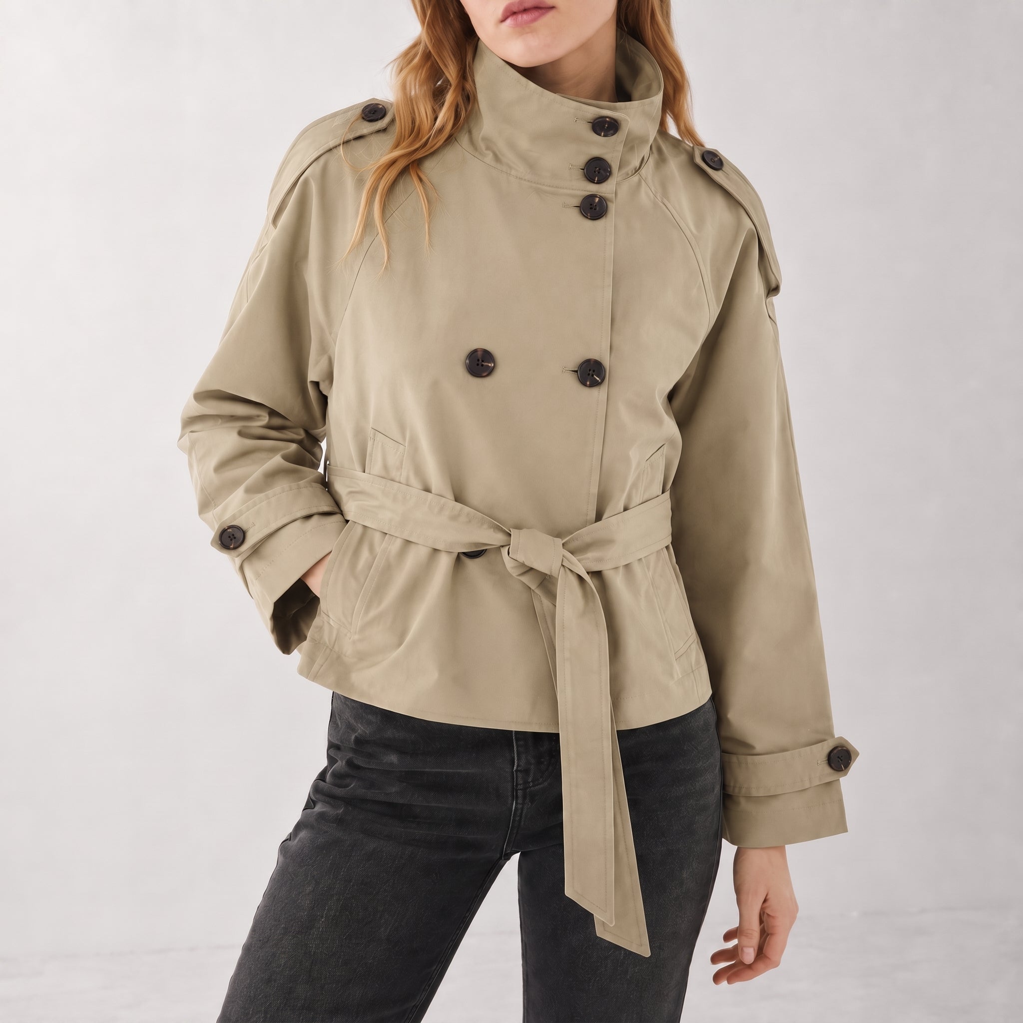 Sibylle - Women's Stand Collar Belted Cropped Jacket - Jackets - Khaki - Parker&Brooks