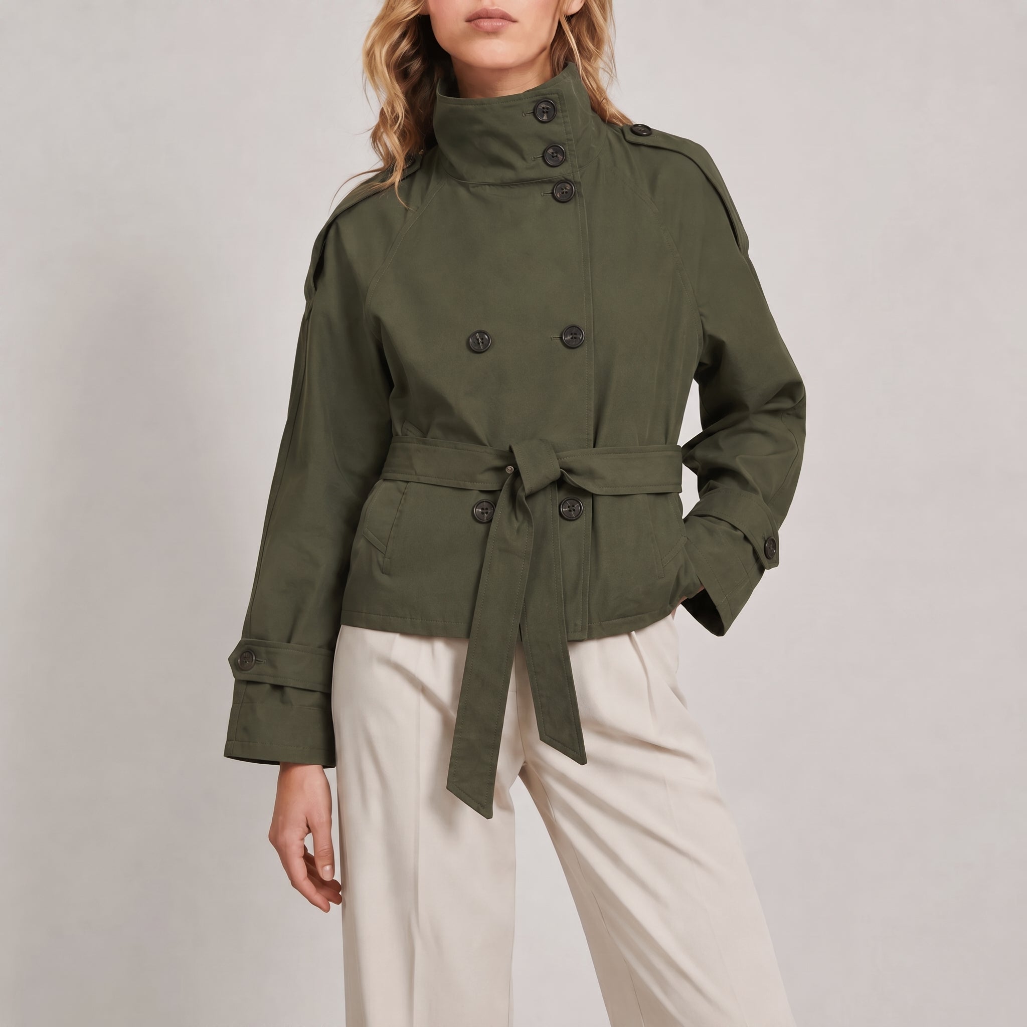Sibylle - Women's Stand Collar Belted Cropped Jacket - Jackets - Green - Parker&Brooks