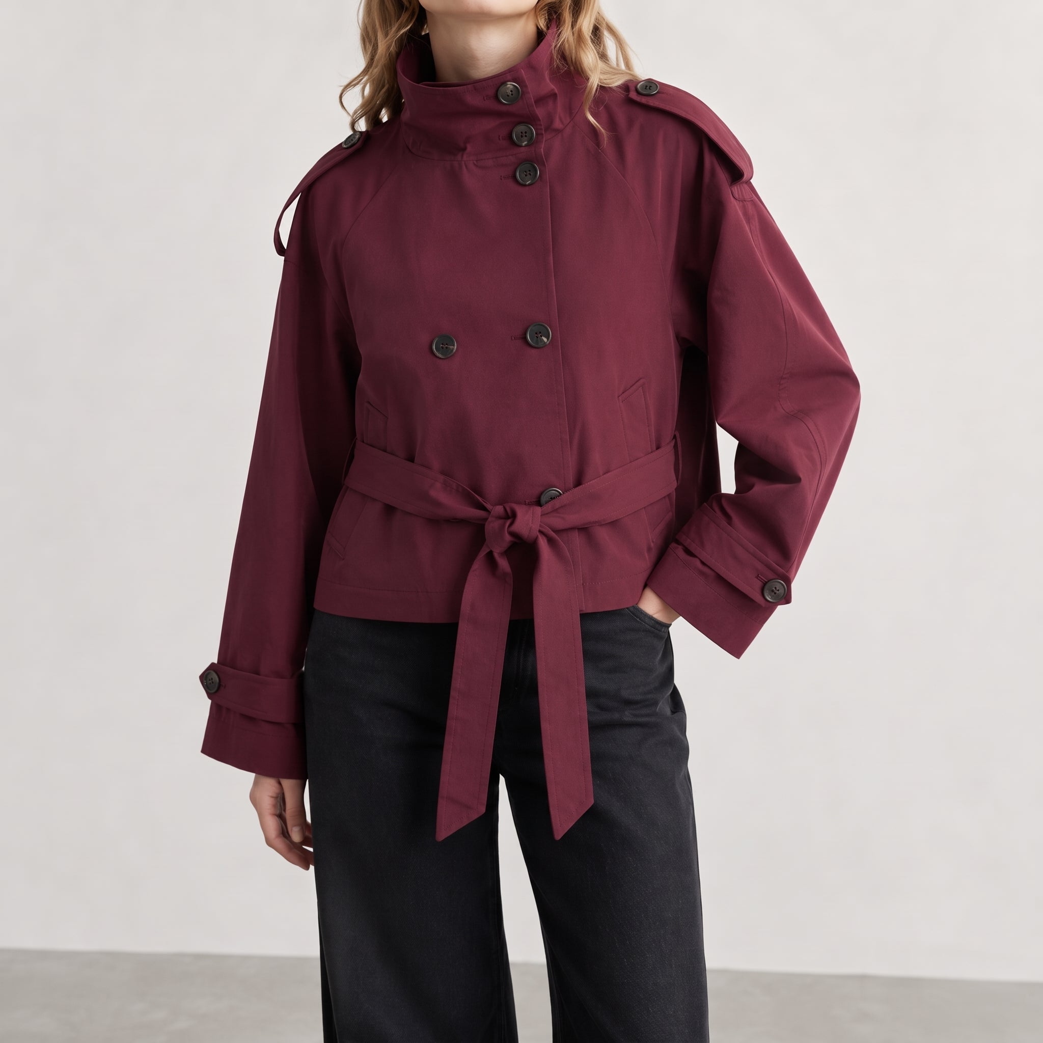 Sibylle - Women's Stand Collar Belted Cropped Jacket - Jackets - Burgundy - Parker&Brooks