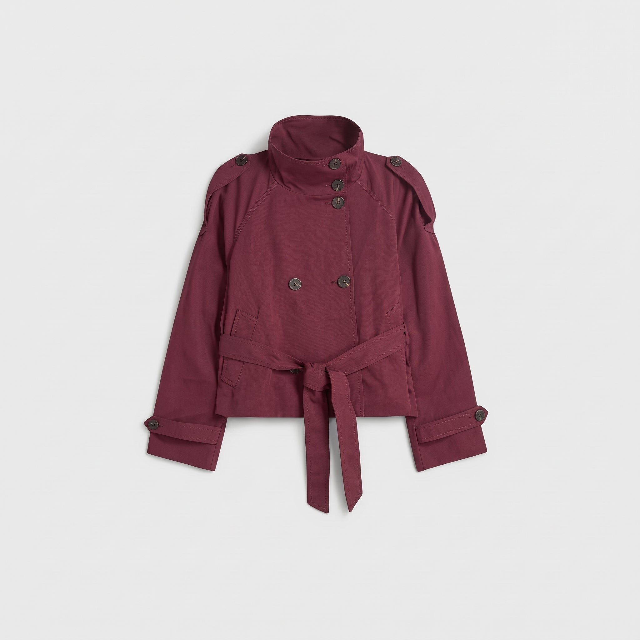 Sibylle - Women's Stand Collar Belted Cropped Jacket - Jackets - Burgundy - Parker&Brooks