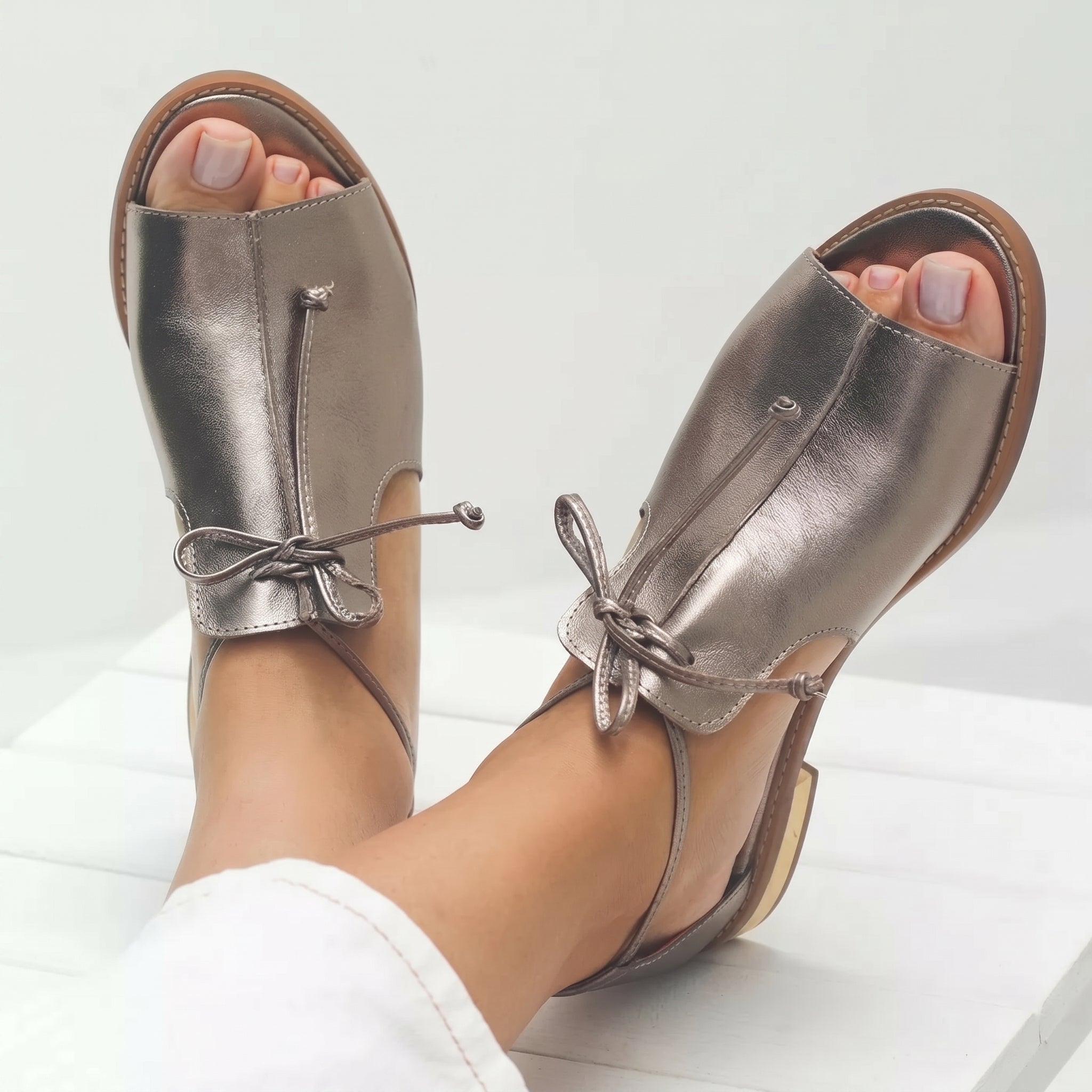 Sibylle - Women's Summer Peep Toe Lace - Up Tie Ankle - Sandals - Champagne - Parker&Brooks