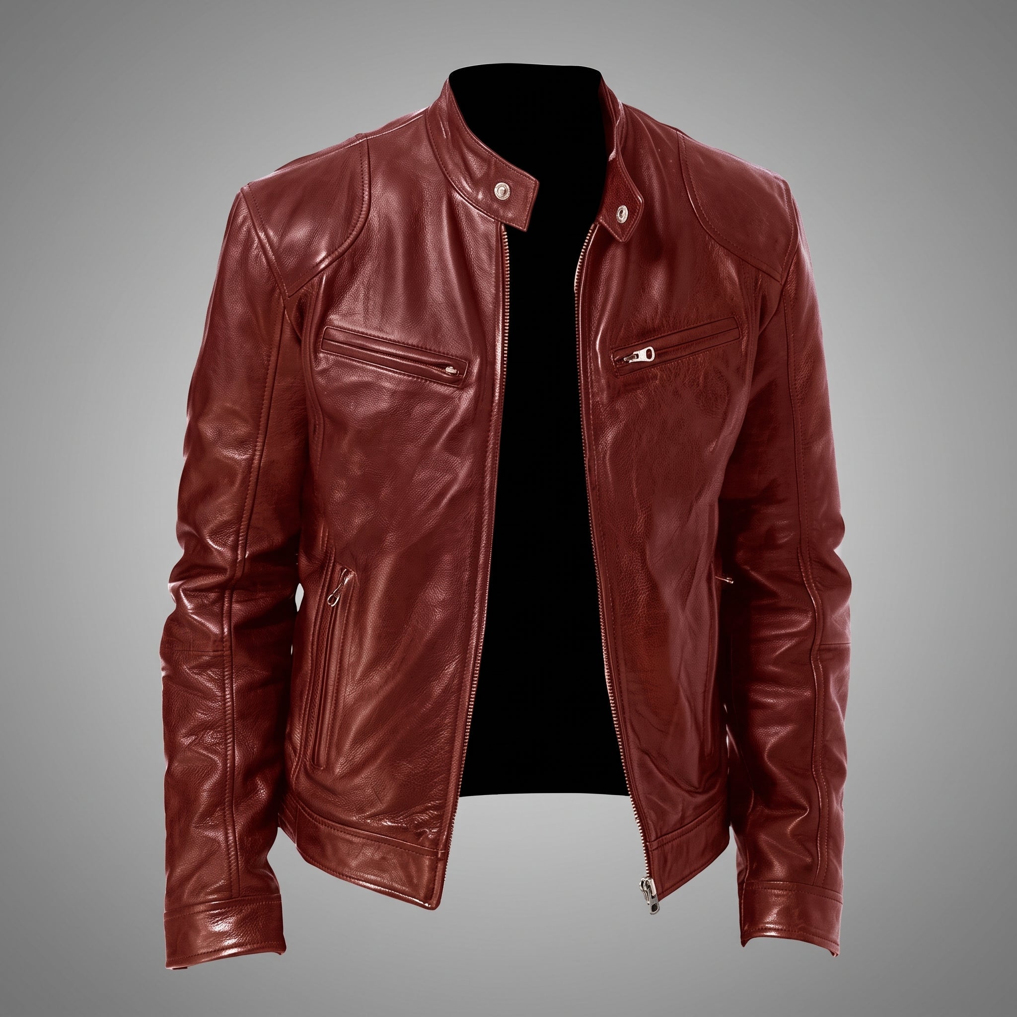 Siegfried - Men's Band Collar Transitional Multi-Pocket Jacket - Motorcycle Outerwear - Red - Parker&Brooks