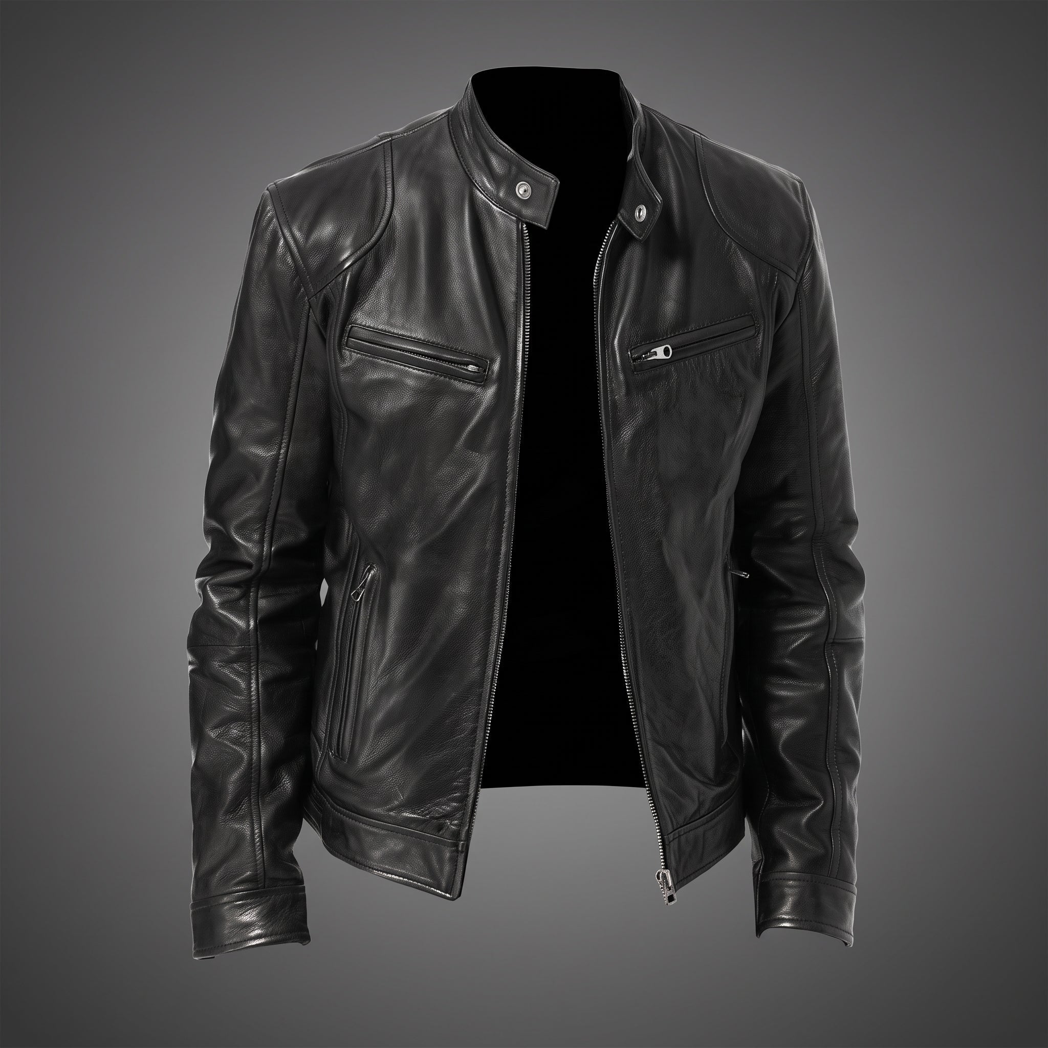 Siegfried - Men's Band Collar Transitional Multi-Pocket Jacket - Motorcycle Outerwear - Black - Parker&Brooks
