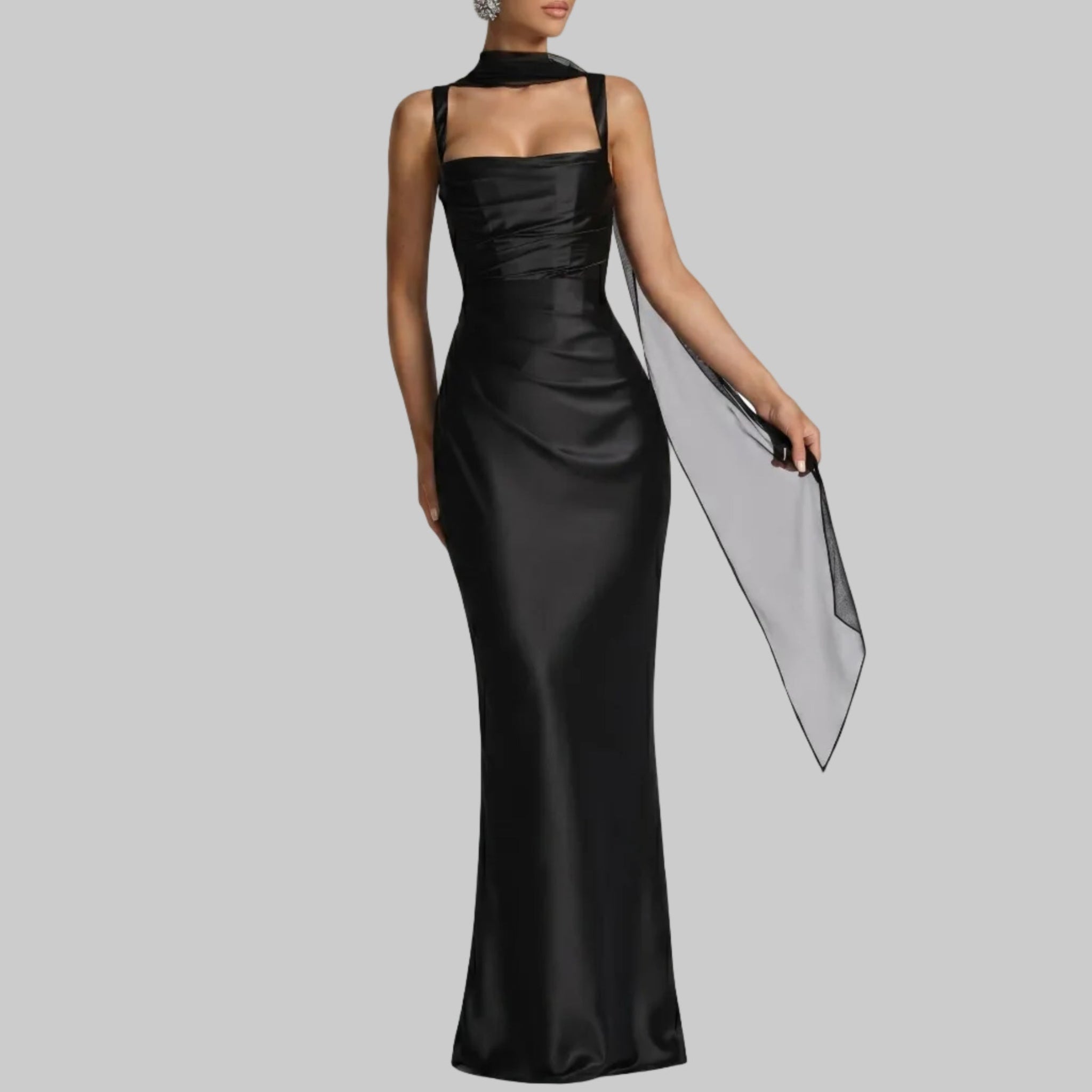 Sofia - Women's Evening Ruched Square Neck Maxi Dress - Maxi Dress - Black - Parker&Brooks