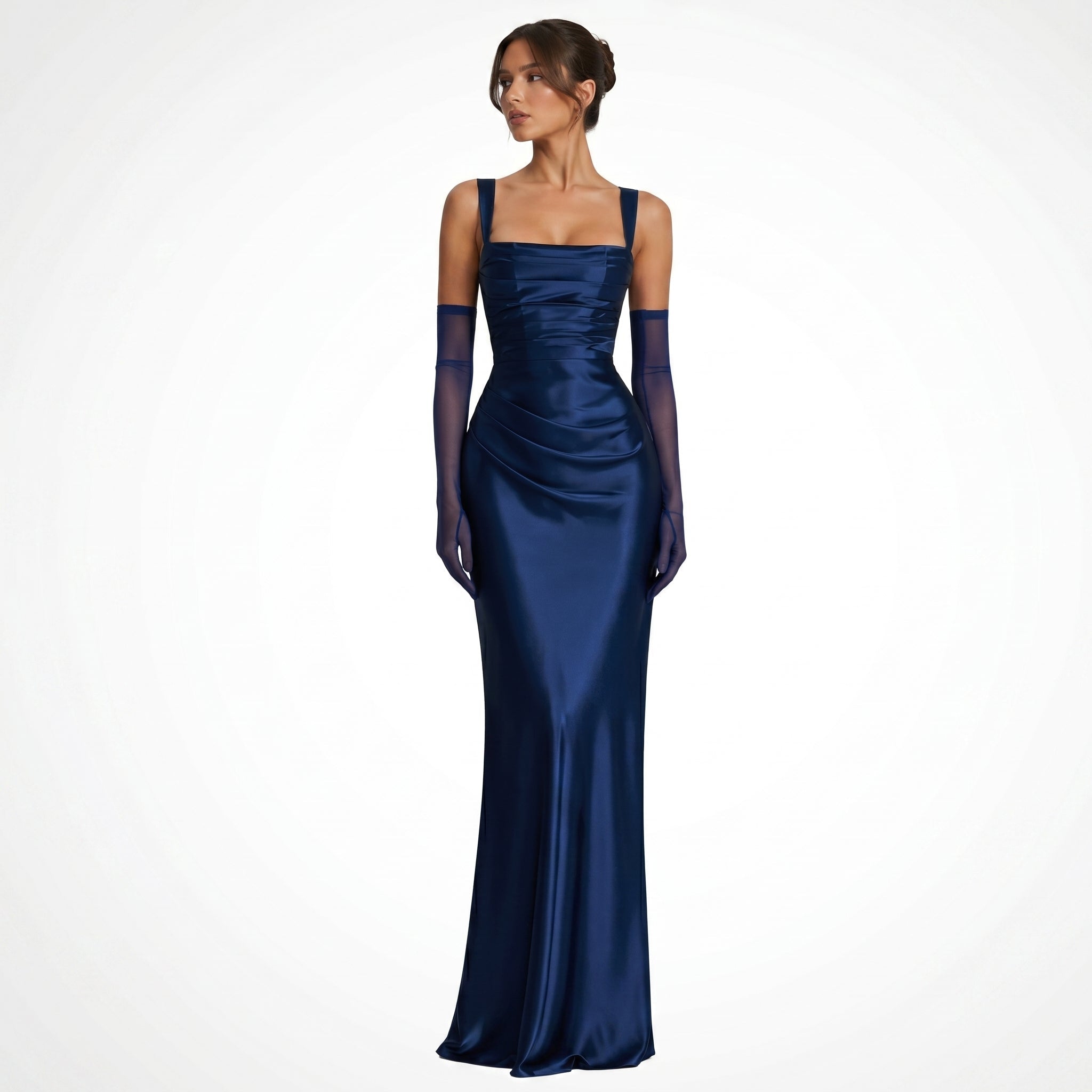 Sofia - Women's Evening Ruched Square Neck Maxi Dress - Maxi Dress - Navy Blue - Parker&Brooks