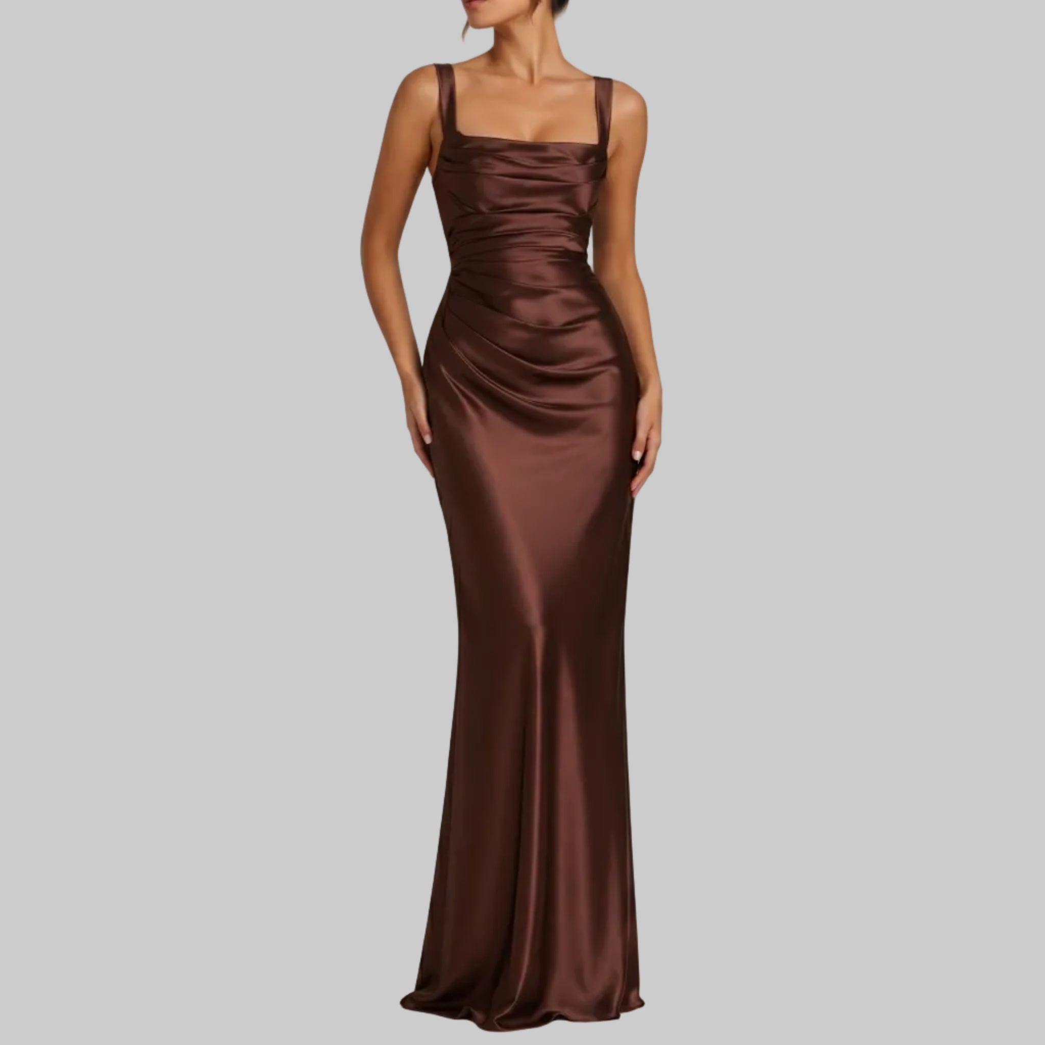 Sofia - Women's Evening Ruched Square Neck Maxi Dress - Maxi Dress - Brown - Parker&Brooks