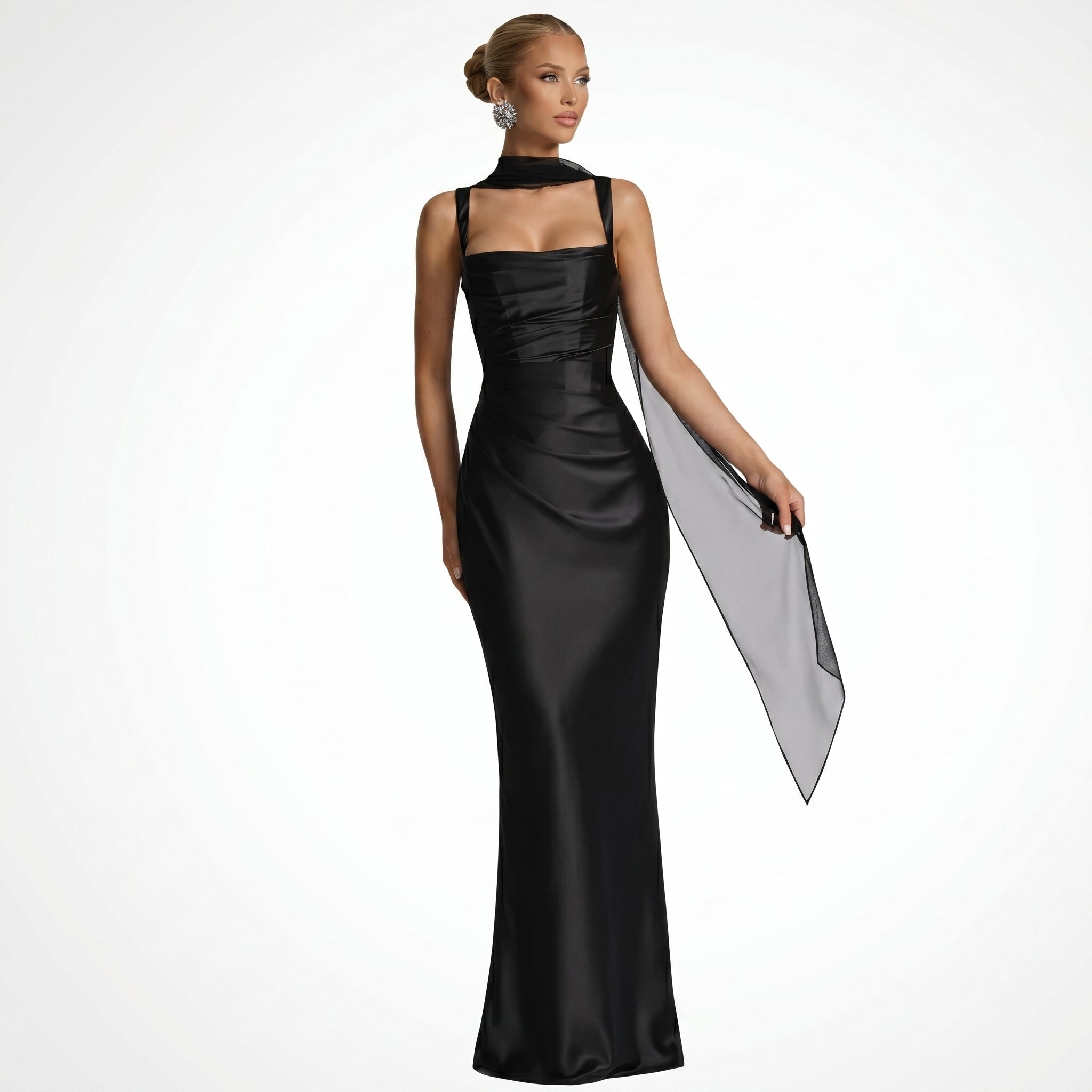 Sofia - Women's Evening Ruched Square Neck Maxi Dress - Maxi Dress - Black - Parker&Brooks