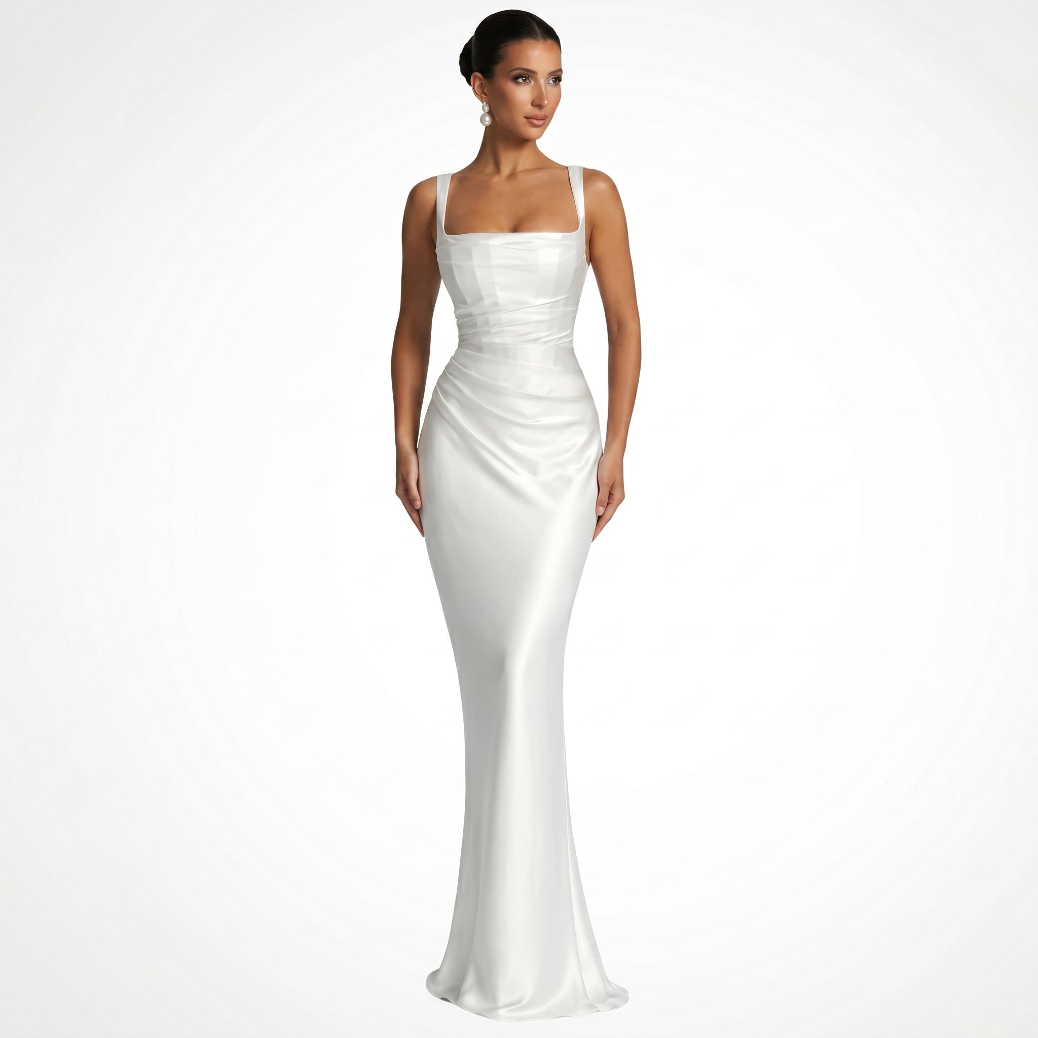 Sofia - Women's Evening Ruched Square Neck Maxi Dress - Maxi Dress - White - Parker&Brooks