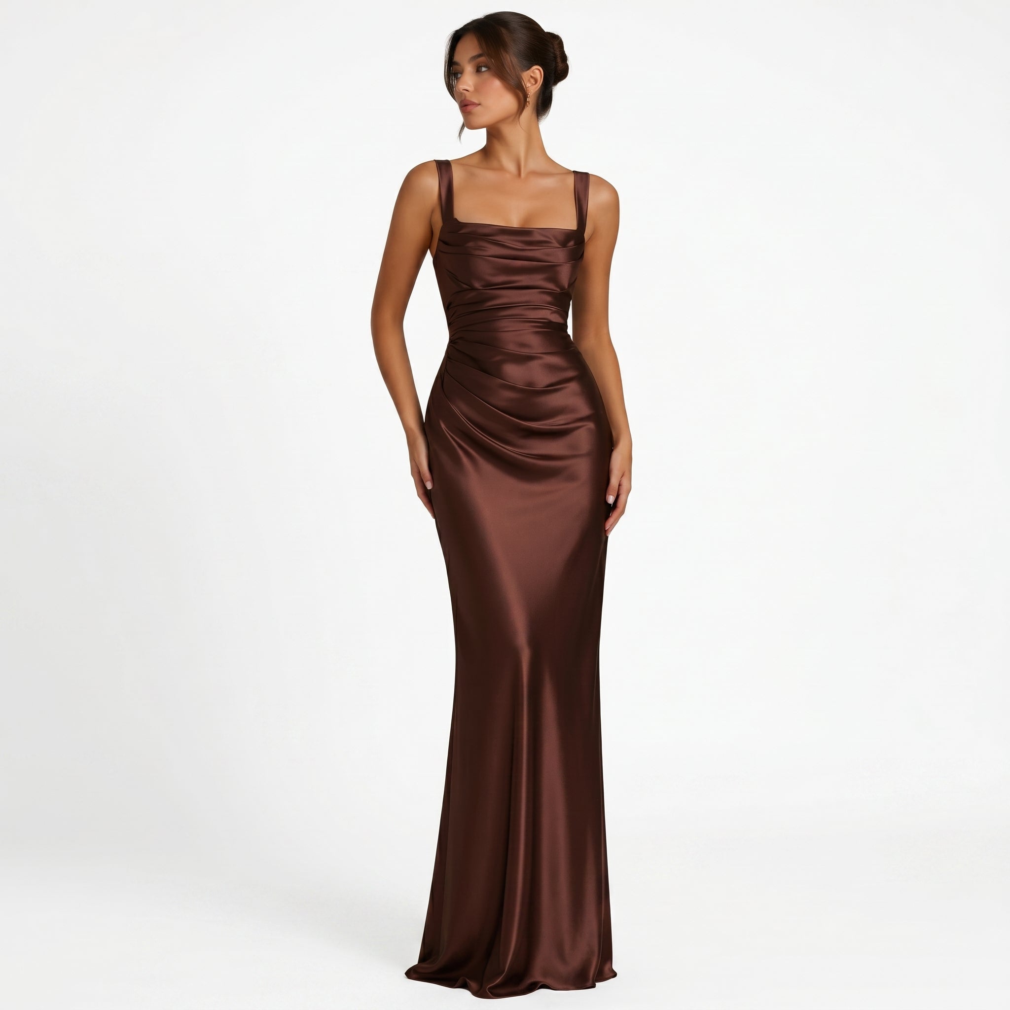 Sofia - Women's Evening Ruched Square Neck Maxi Dress - Maxi Dress - Brown - Parker&Brooks