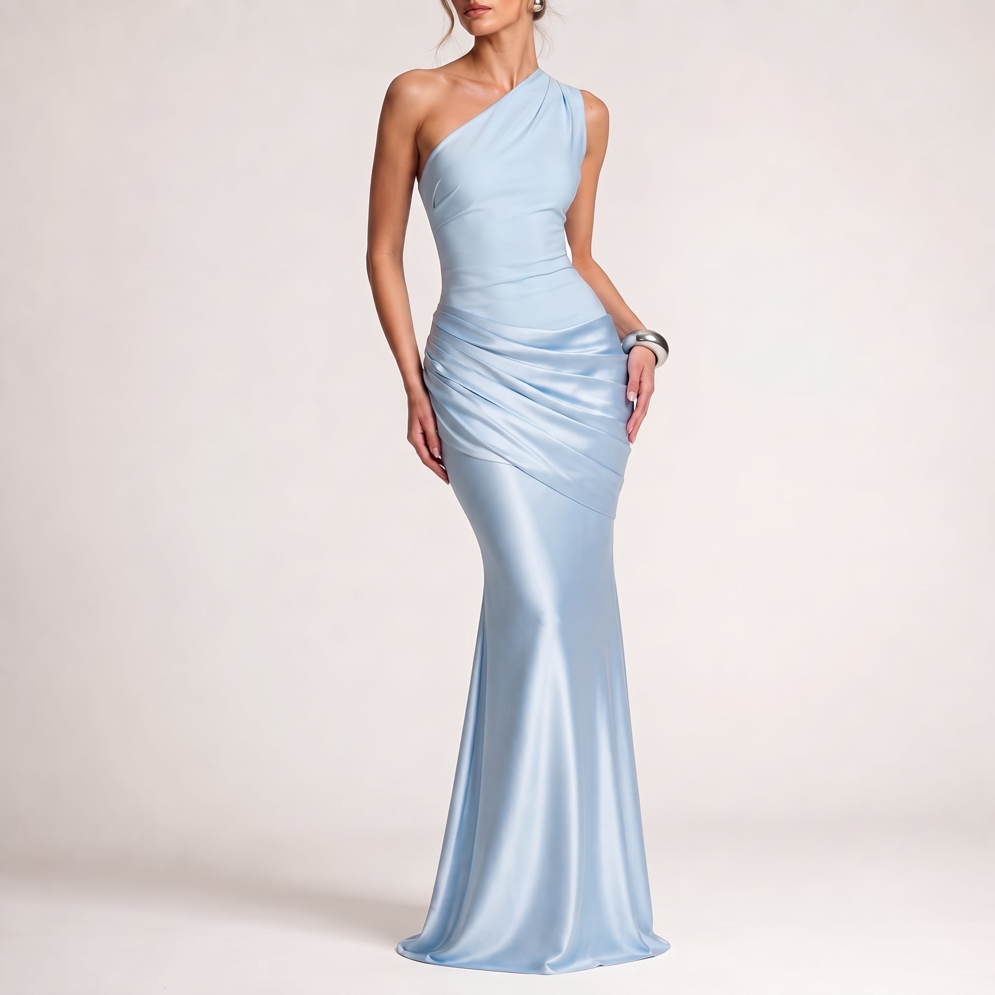 Sofia - Women's One Shoulder Ruched Evening Maxi Dress - Dresses - Blue - Parker&Brooks