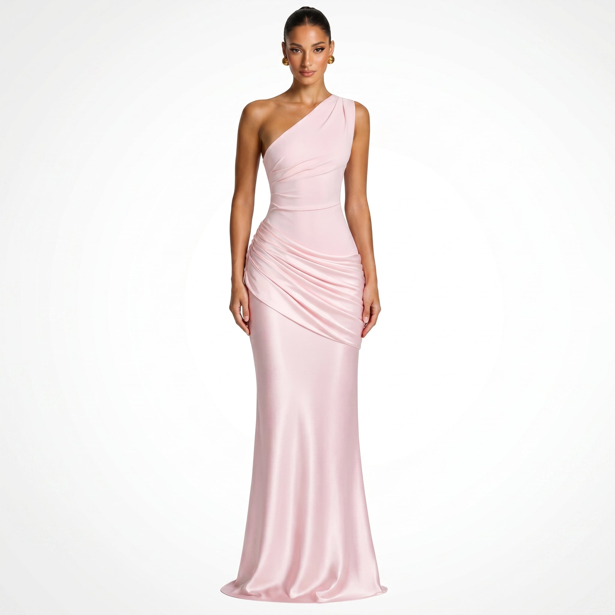 Sofia - Women's One Shoulder Ruched Evening Maxi Dress - Maxi Dress - Pink - Parker&Brooks