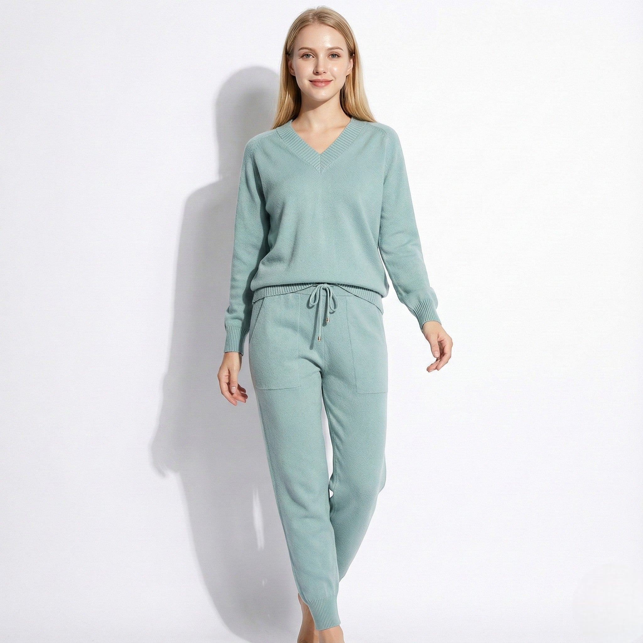 Women's Knit Loungewear Set with V-Neck Sweater and Drawstring Jogger Pants