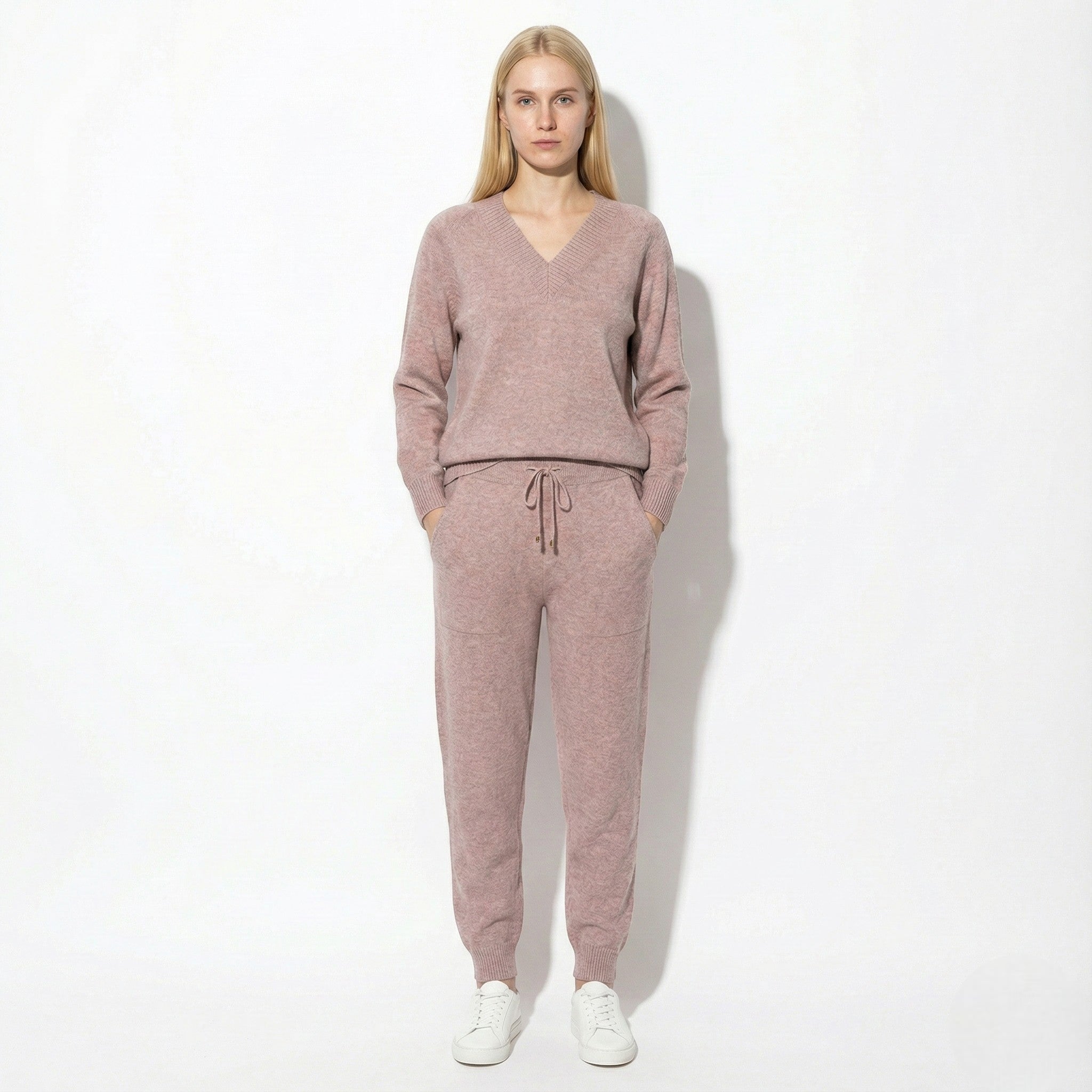 Women's Knit Loungewear Set with V-Neck Sweater and Drawstring Jogger Pants