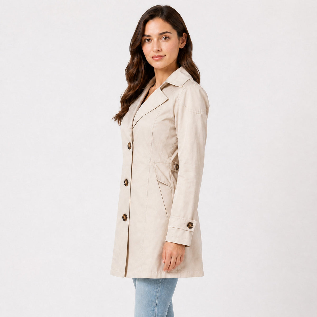 Sophie - Women's Belted Trench Coat with Notch Lapel Collar - Trench Coats - Beige - Parker&Brooks