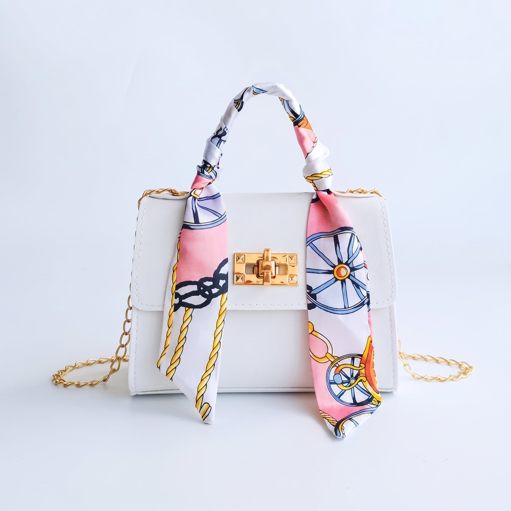 Sophie – Women's Mini Scarf Handle Chain Strap Handbag - Cross Body Bags - White - Parker&Brooks
