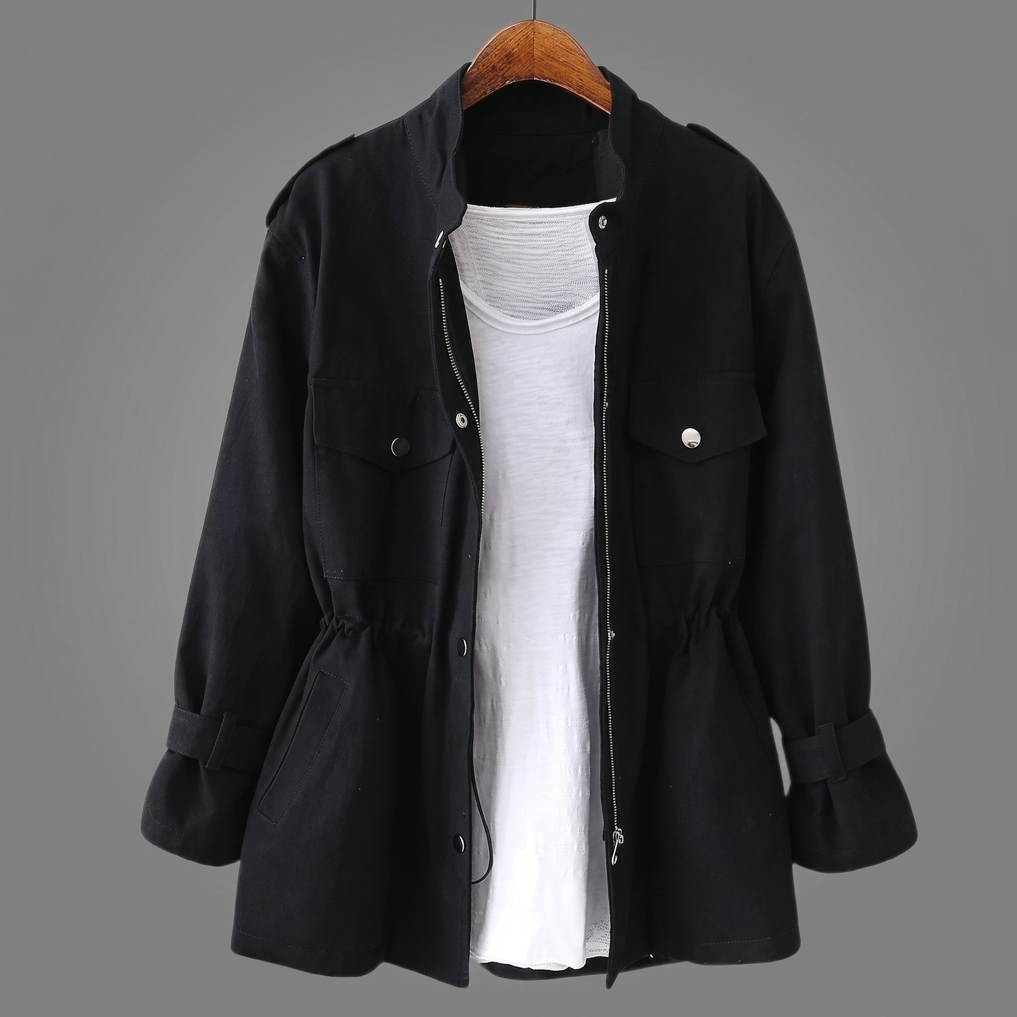 Sophie - Women's Relaxed Transitional Utility Jacket with Cinched Waist - Coats & Jackets - Black - Parker&Brooks
