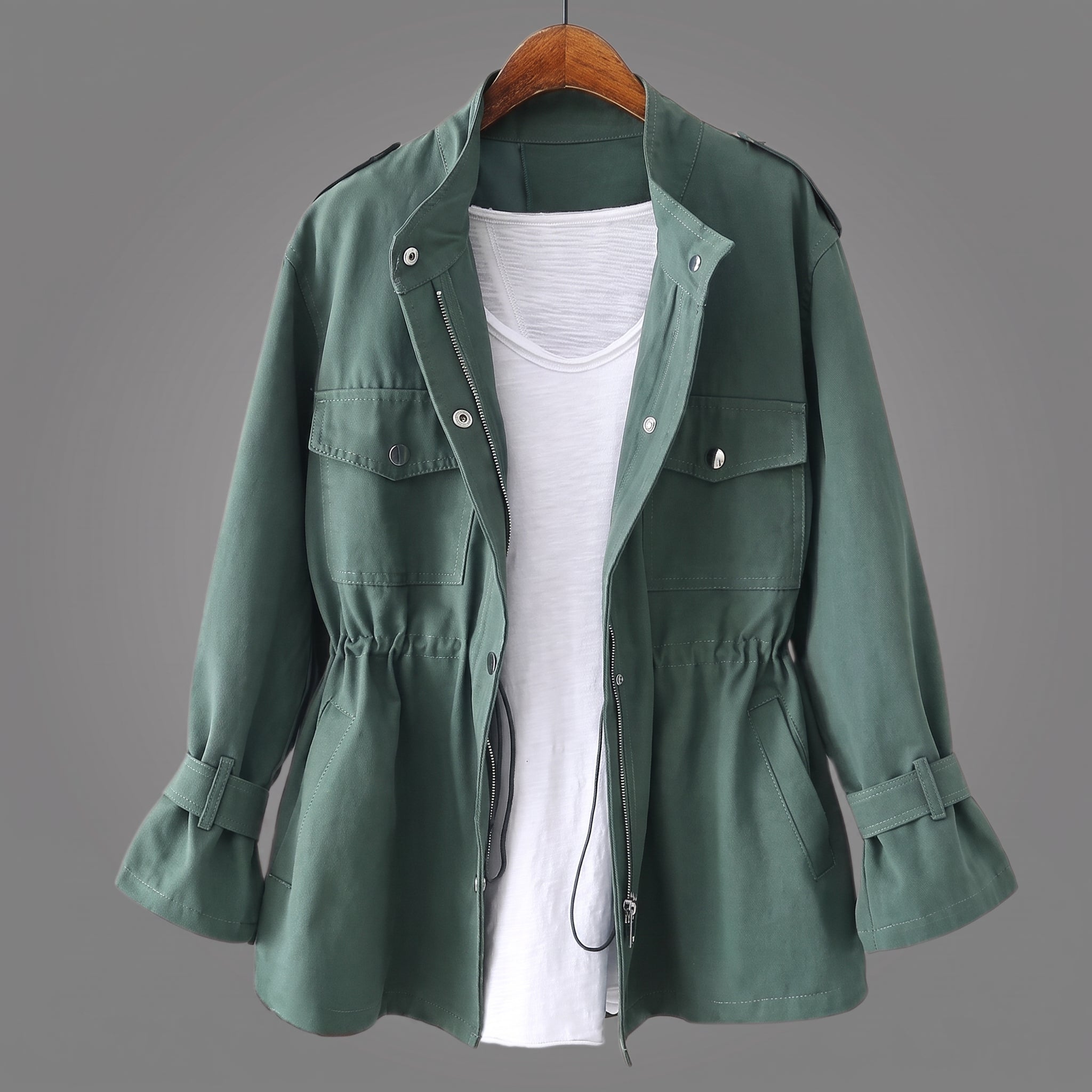 Sophie - Women's Relaxed Transitional Utility Jacket with Cinched Waist - Coats & Jackets - Green - Parker&Brooks