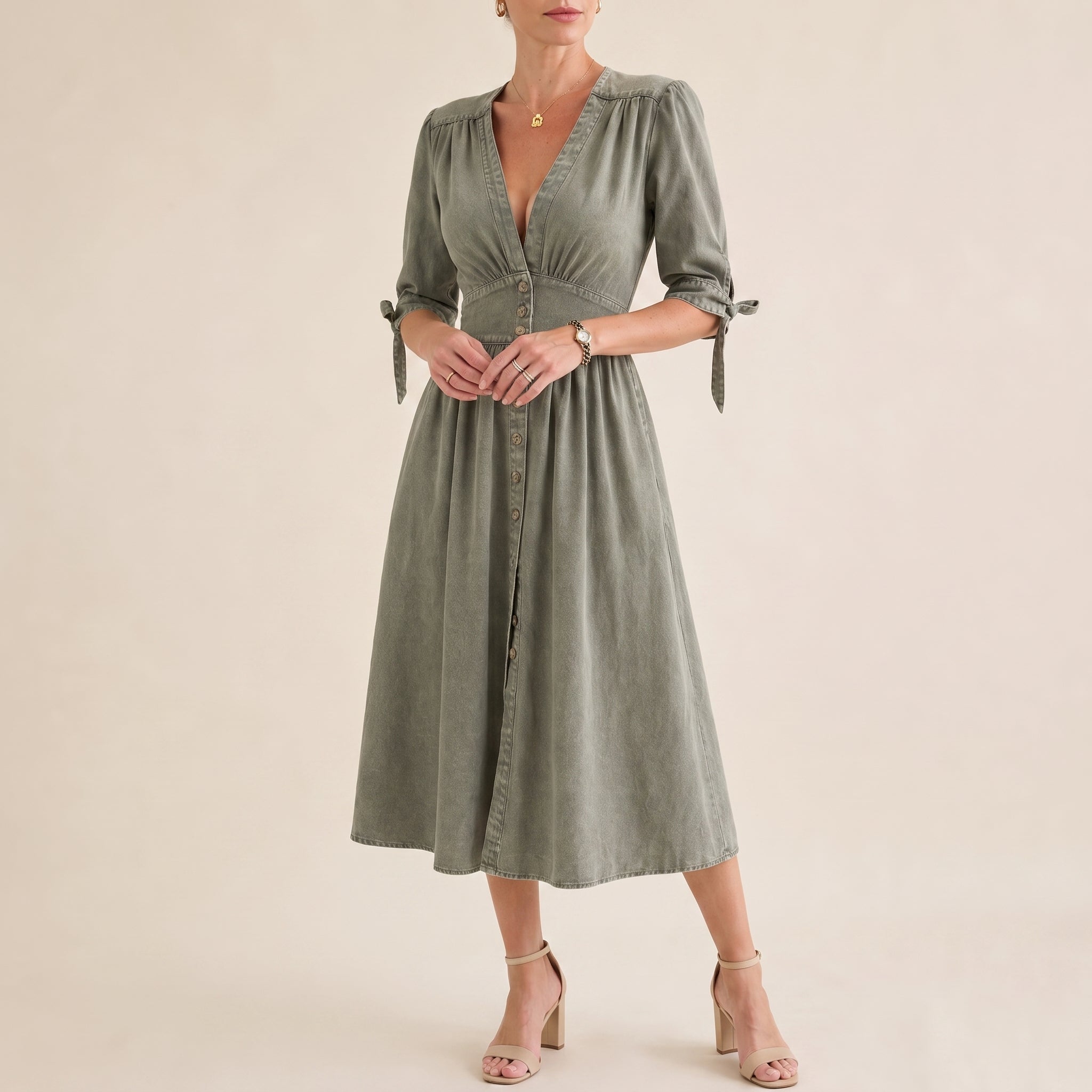 Sophie - Women's Summer Button-Down Tie Sleeve Midi Dress - Dresses - Green - Parker&Brooks