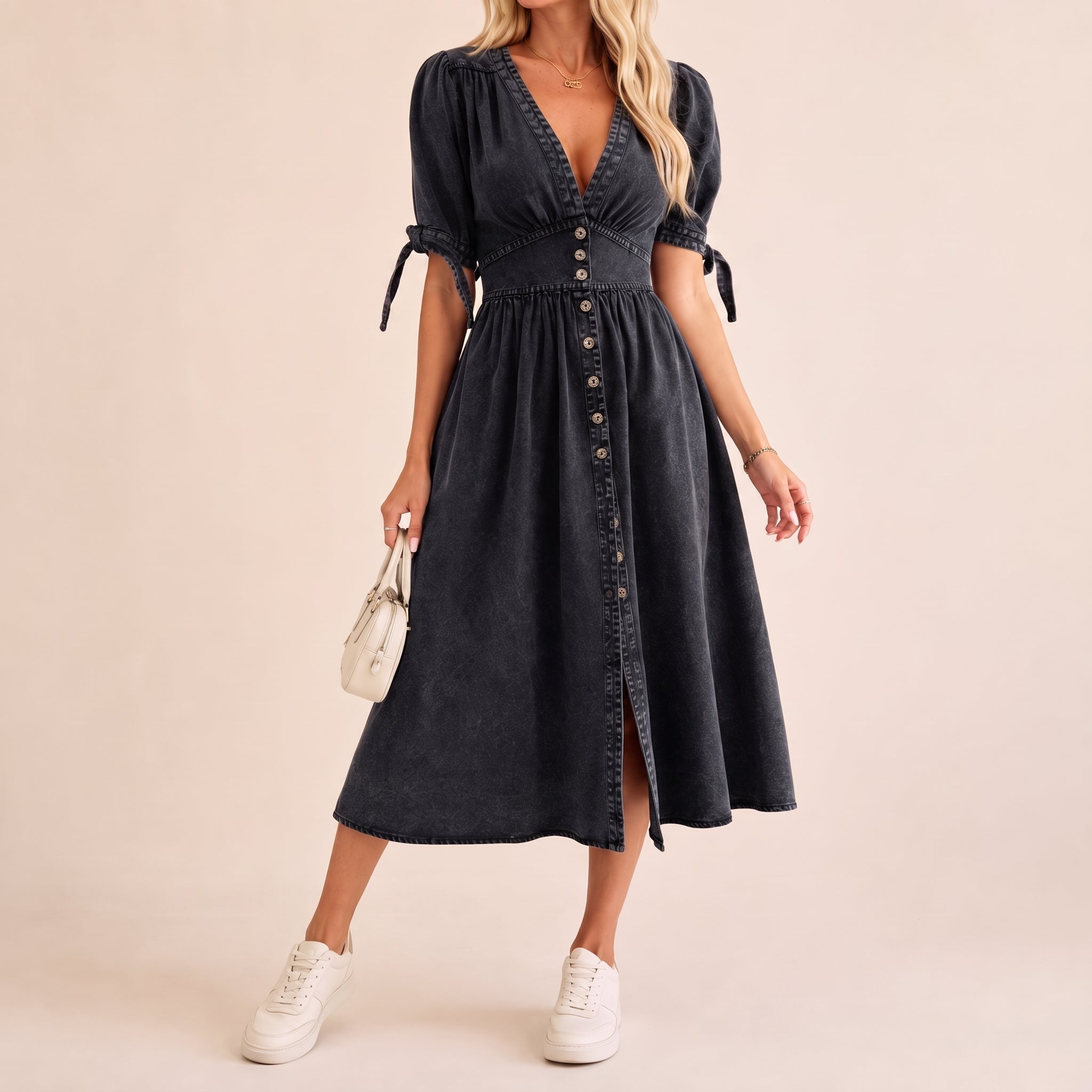 Sophie - Women's Summer Button-Down Tie Sleeve Midi Dress - Dresses - Black - Parker&Brooks
