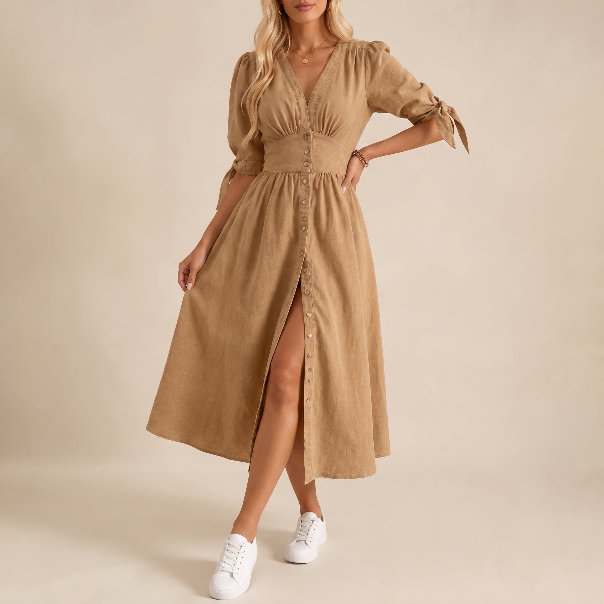 Sophie - Women's Summer Button-Down Tie Sleeve Midi Dress - Dresses - Yellow Brown - Parker&Brooks