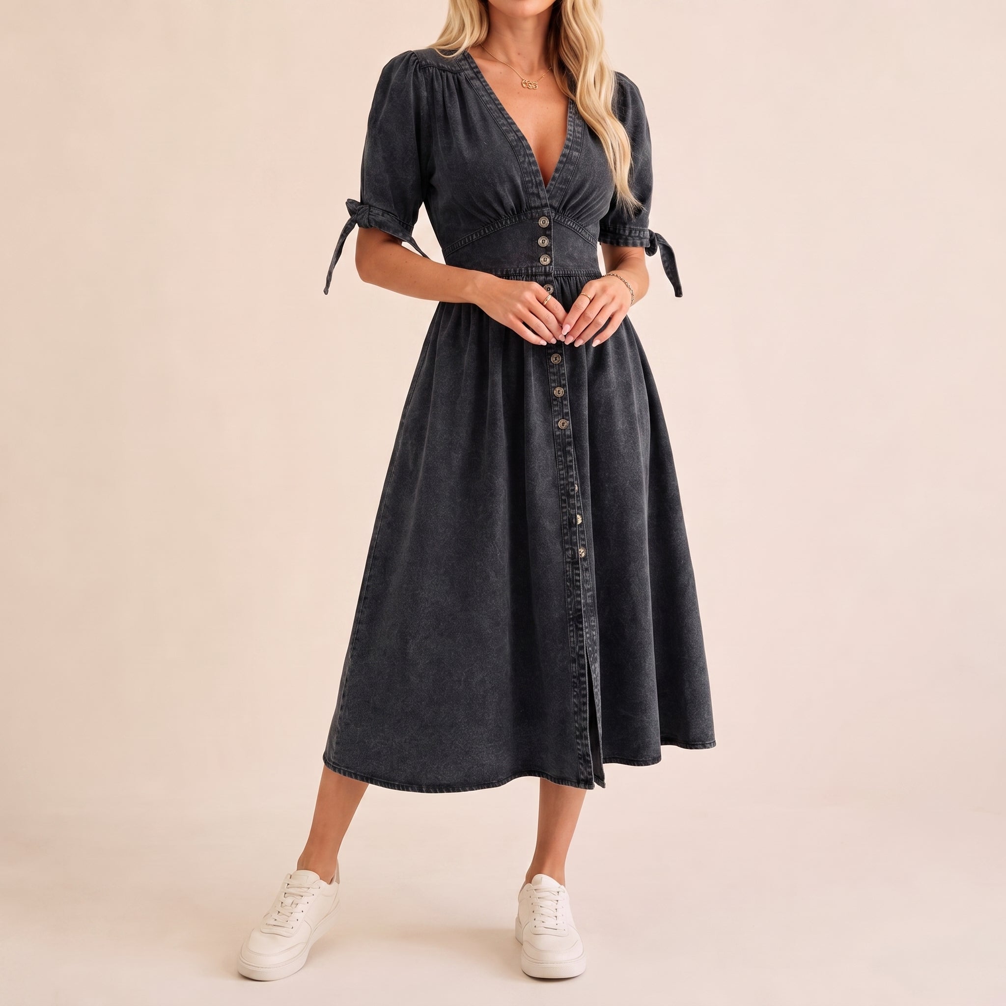 Sophie - Women's Summer Button-Down Tie Sleeve Midi Dress - Dresses - Black - Parker&Brooks