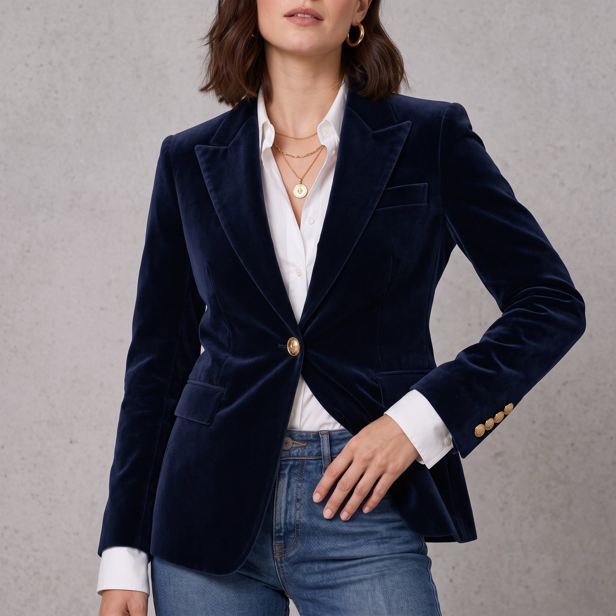 Sophie - Women's Tailored Fitted Blazer with Gold Buttons - Blazers - Dark Blue - Parker&Brooks