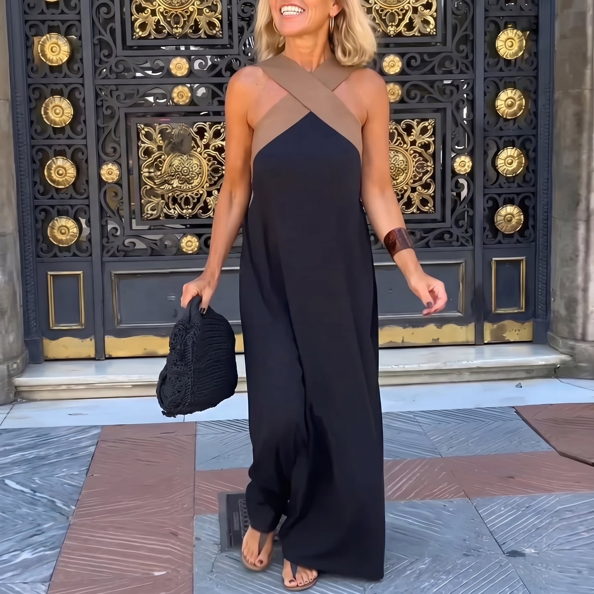 Stella - Women's Summer Crossover Halter Neck Maxi Dress - Maxi Dress - Black - Parker&Brooks